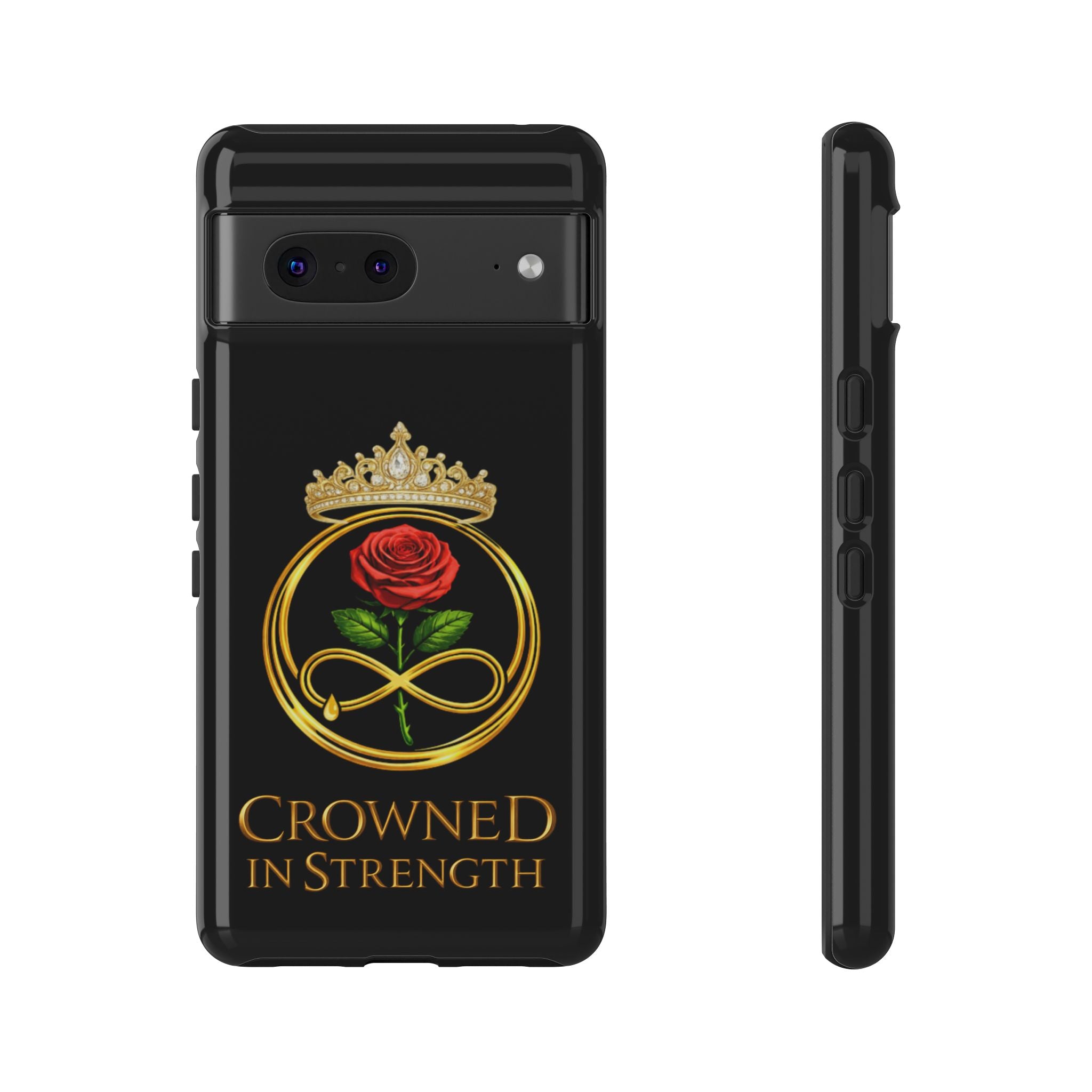 'A Rose Crowned in Strength Phone Case Black Rose Gold infinity