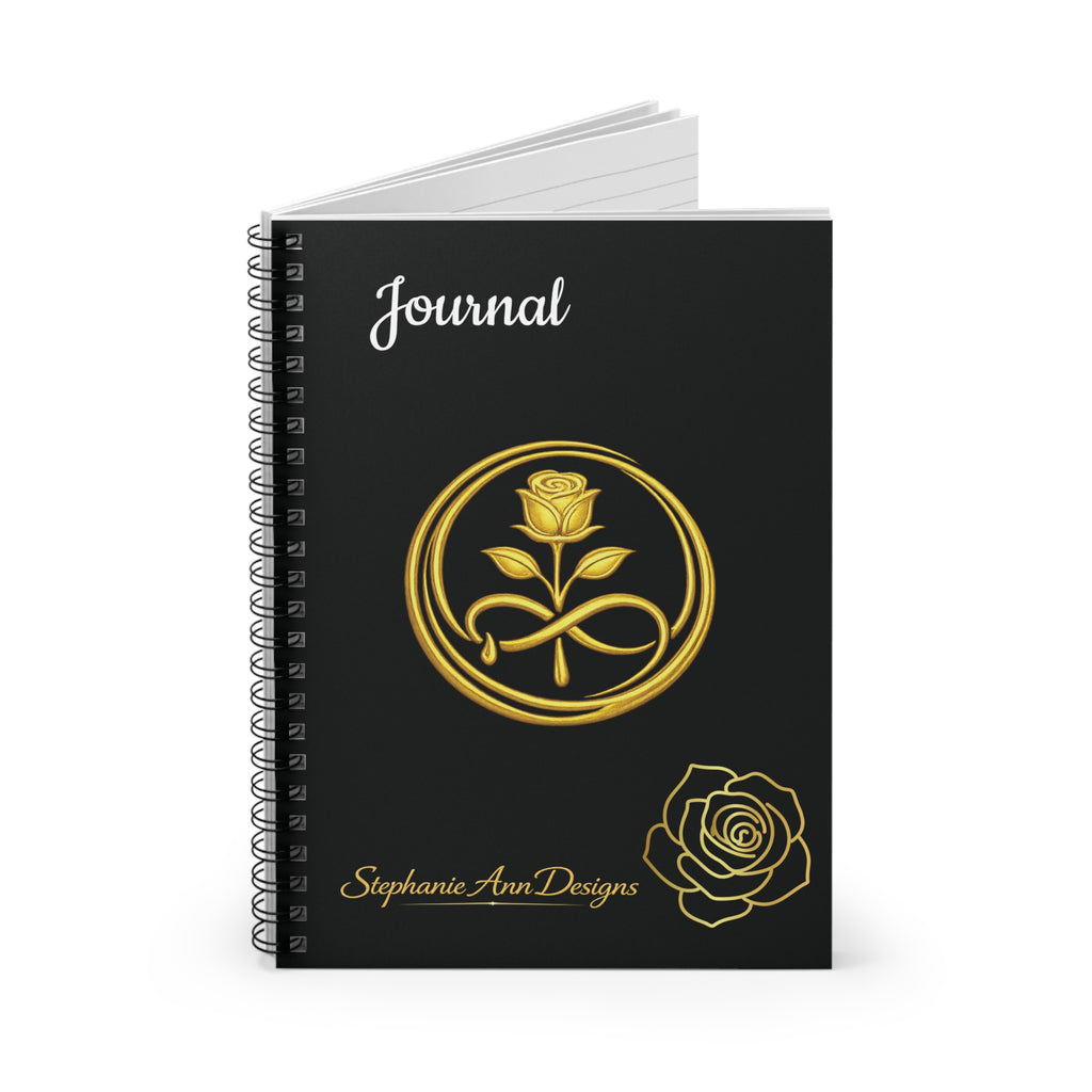 Gold Rose Journal Spiral Notebook — Elegant Black Ruled Notebook for Notes & Journaling