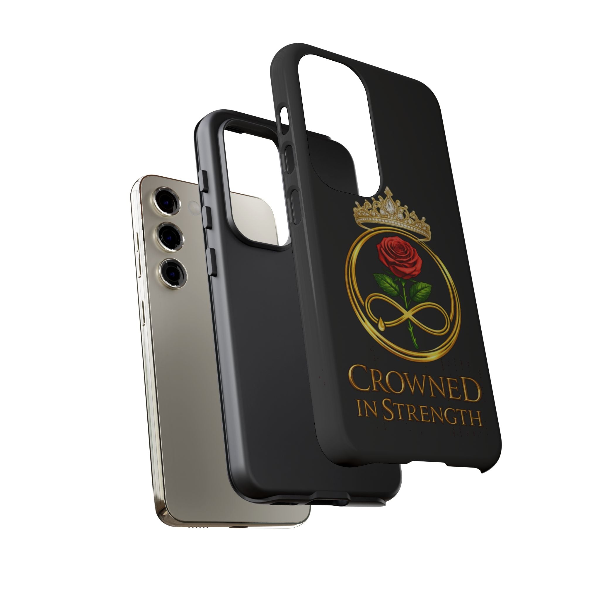 'A Rose Crowned in Strength Phone Case Black Rose Gold infinity