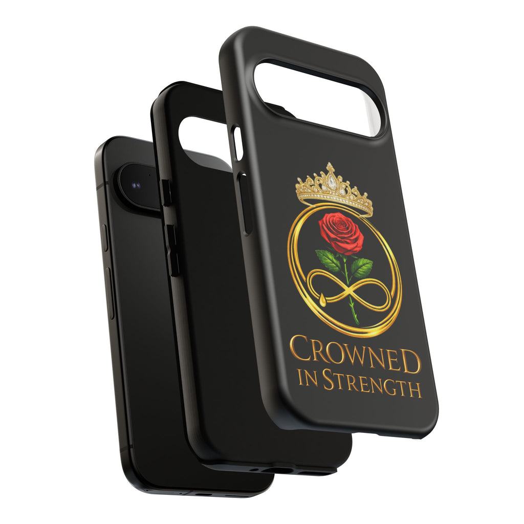 'A Rose Crowned in Strength Phone Case Black Rose Gold infinity