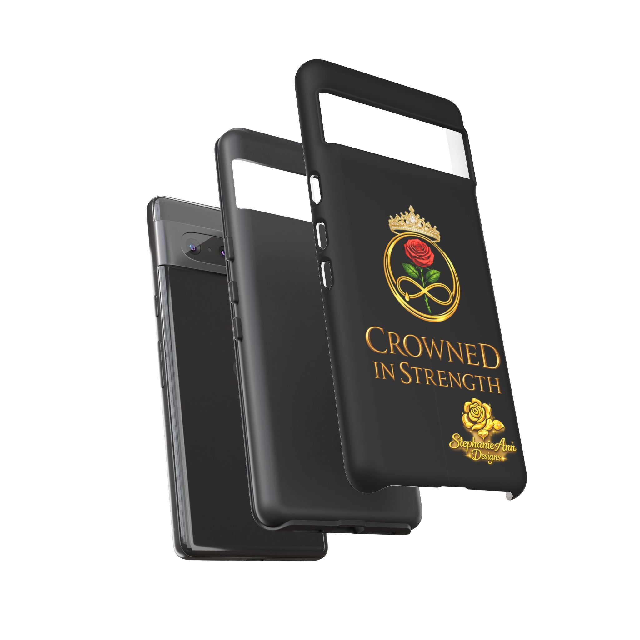' A Rose Crowned in Strength Phone Case Rose golden  — Protective Black Case with Rose & Crown Empowerment Design