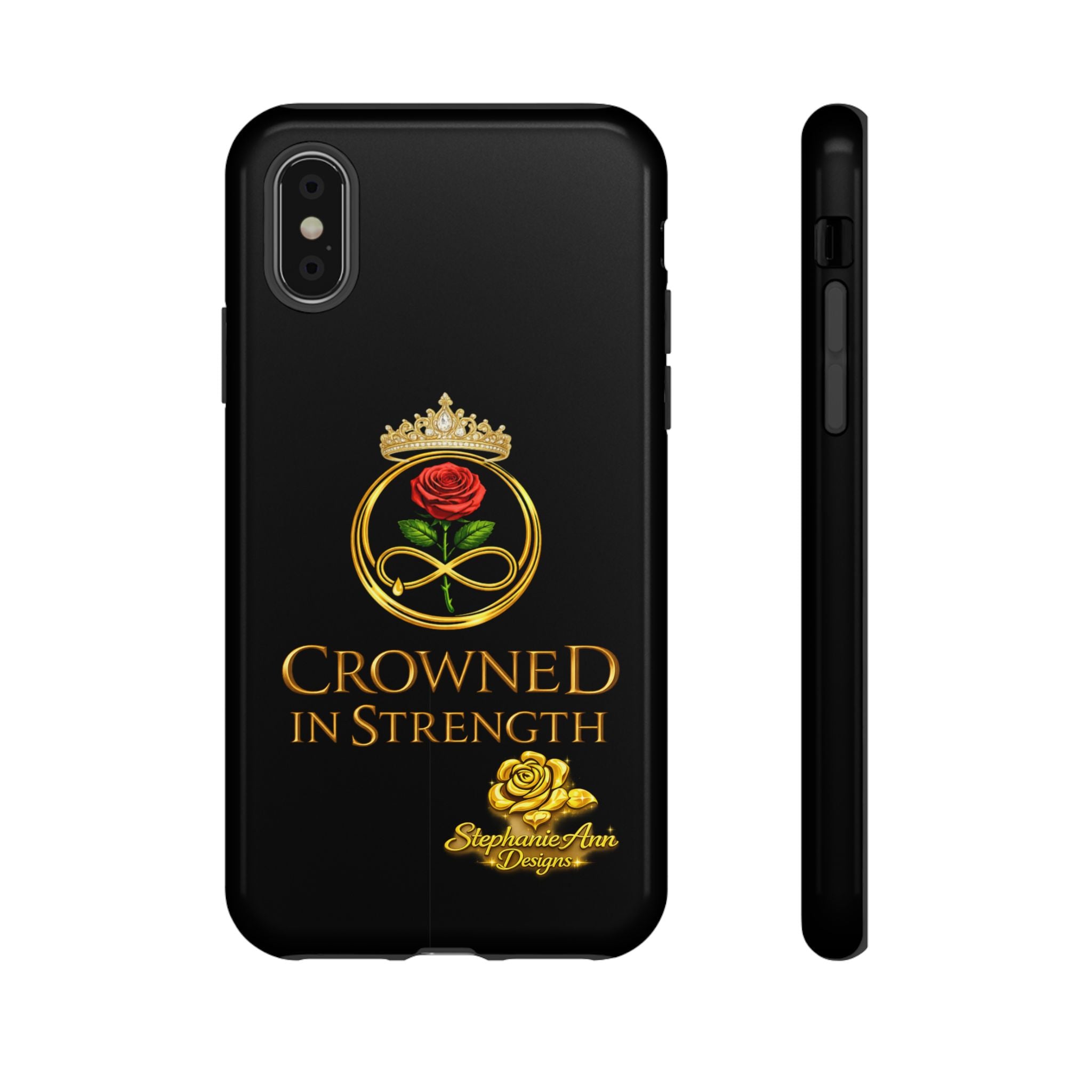 ' A Rose Crowned in Strength Phone Case Rose golden  — Protective Black Case with Rose & Crown Empowerment Design