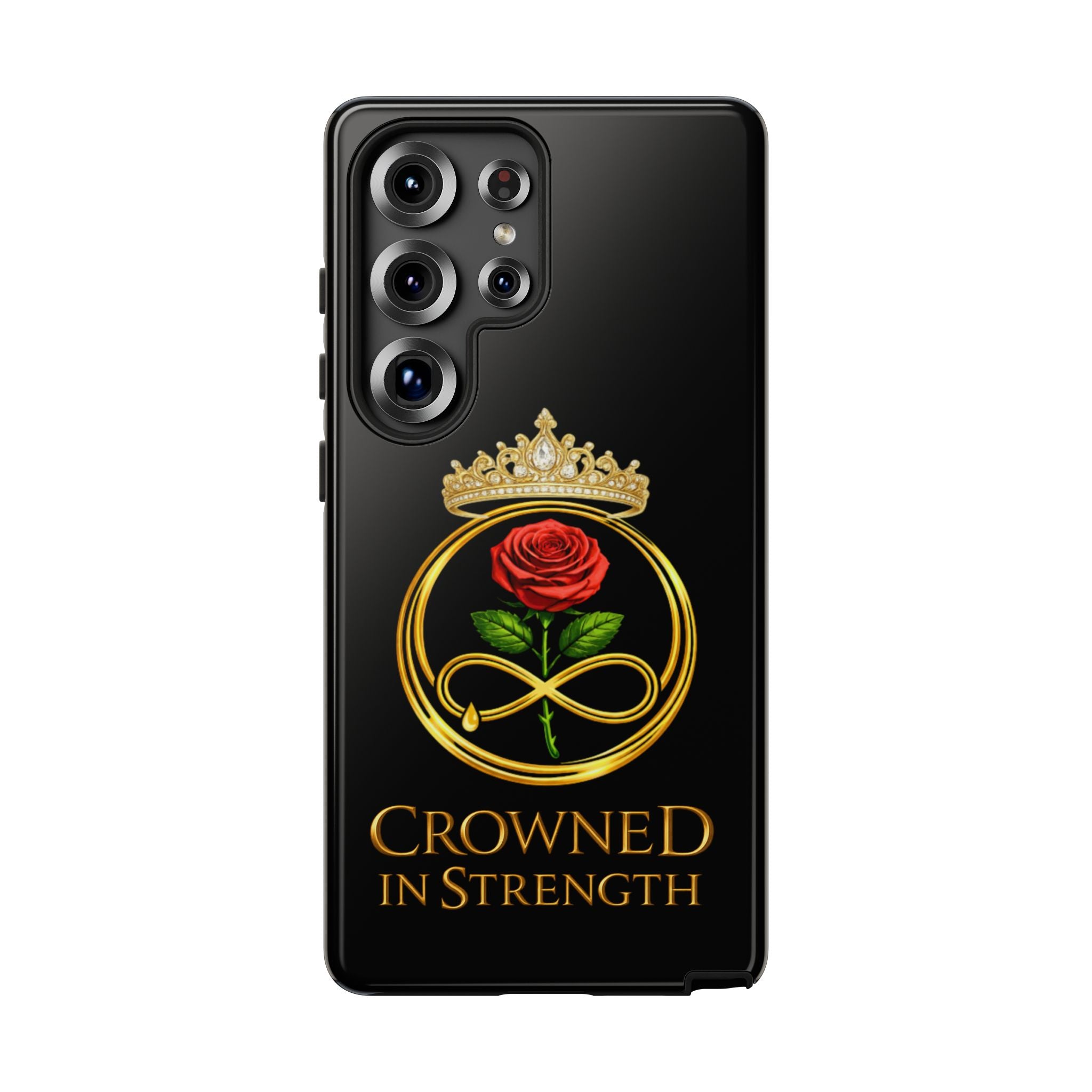 'A Rose Crowned in Strength Phone Case Black Rose Gold infinity