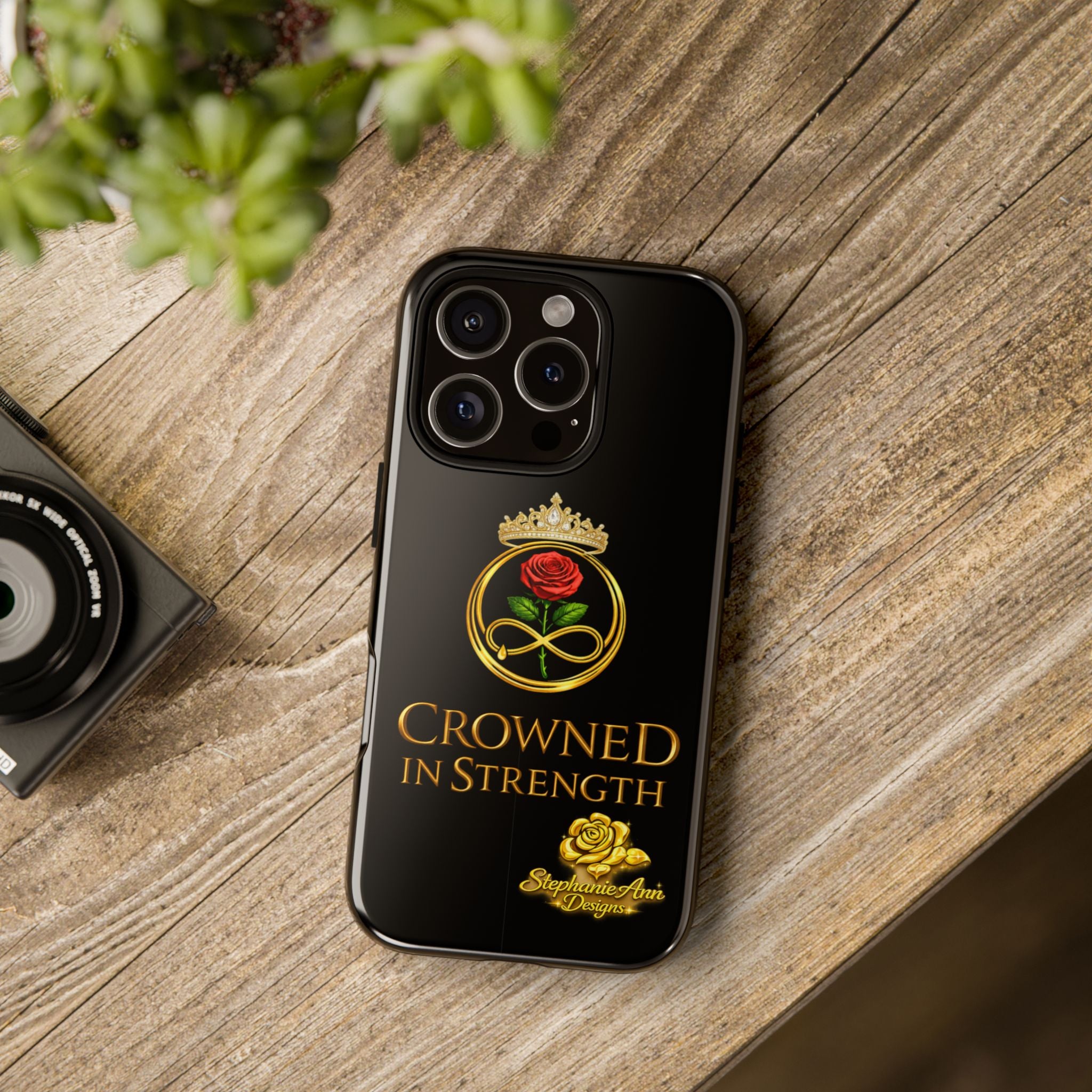' A Rose Crowned in Strength Phone Case Rose golden  — Protective Black Case with Rose & Crown Empowerment Design