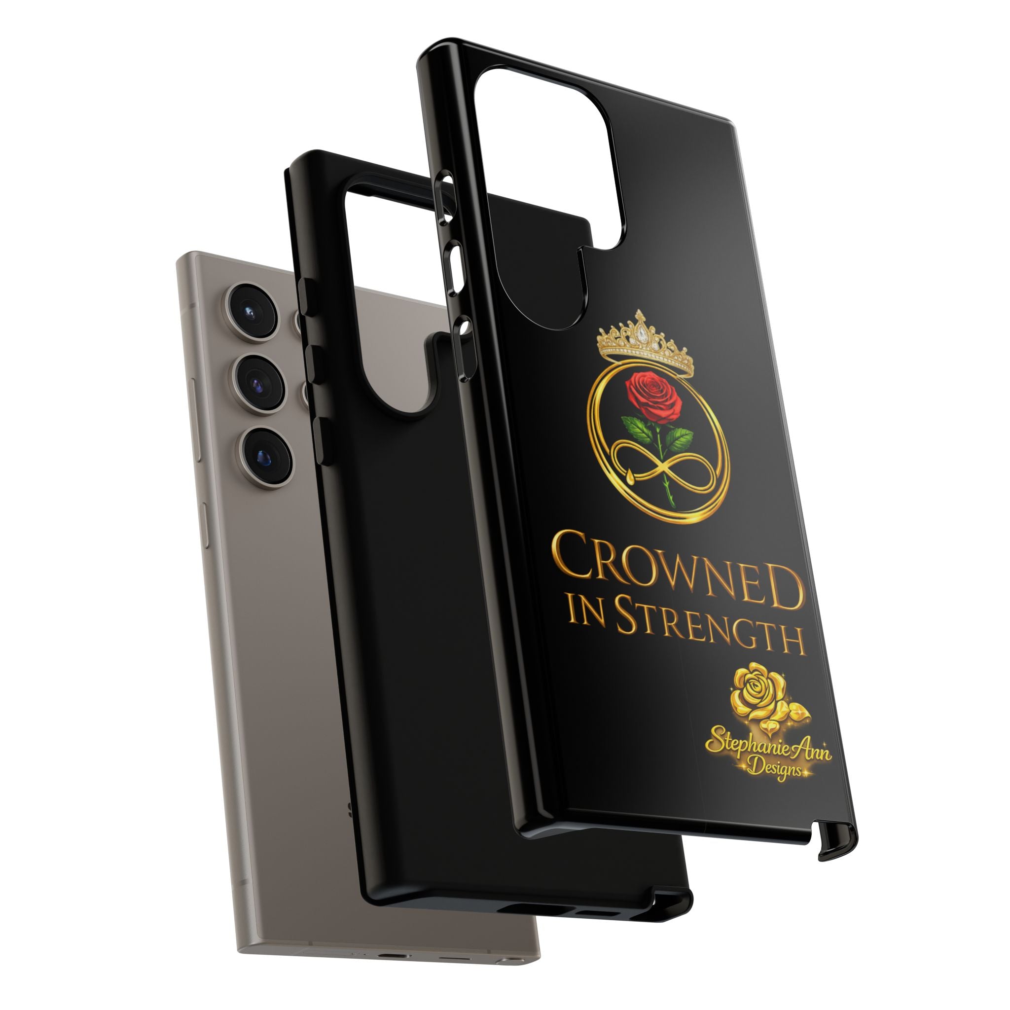 ' A Rose Crowned in Strength Phone Case Rose golden  — Protective Black Case with Rose & Crown Empowerment Design