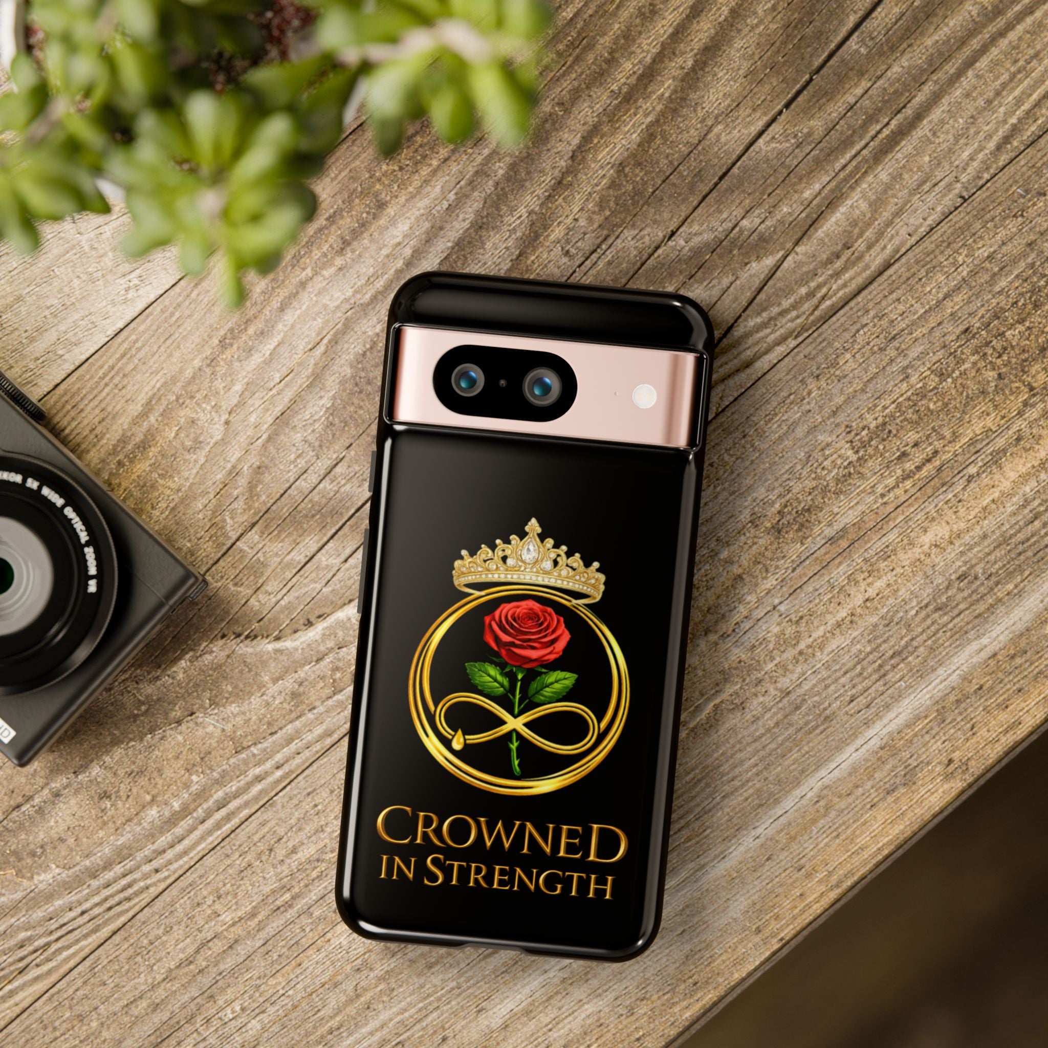 'A Rose Crowned in Strength Phone Case Black Rose Gold infinity