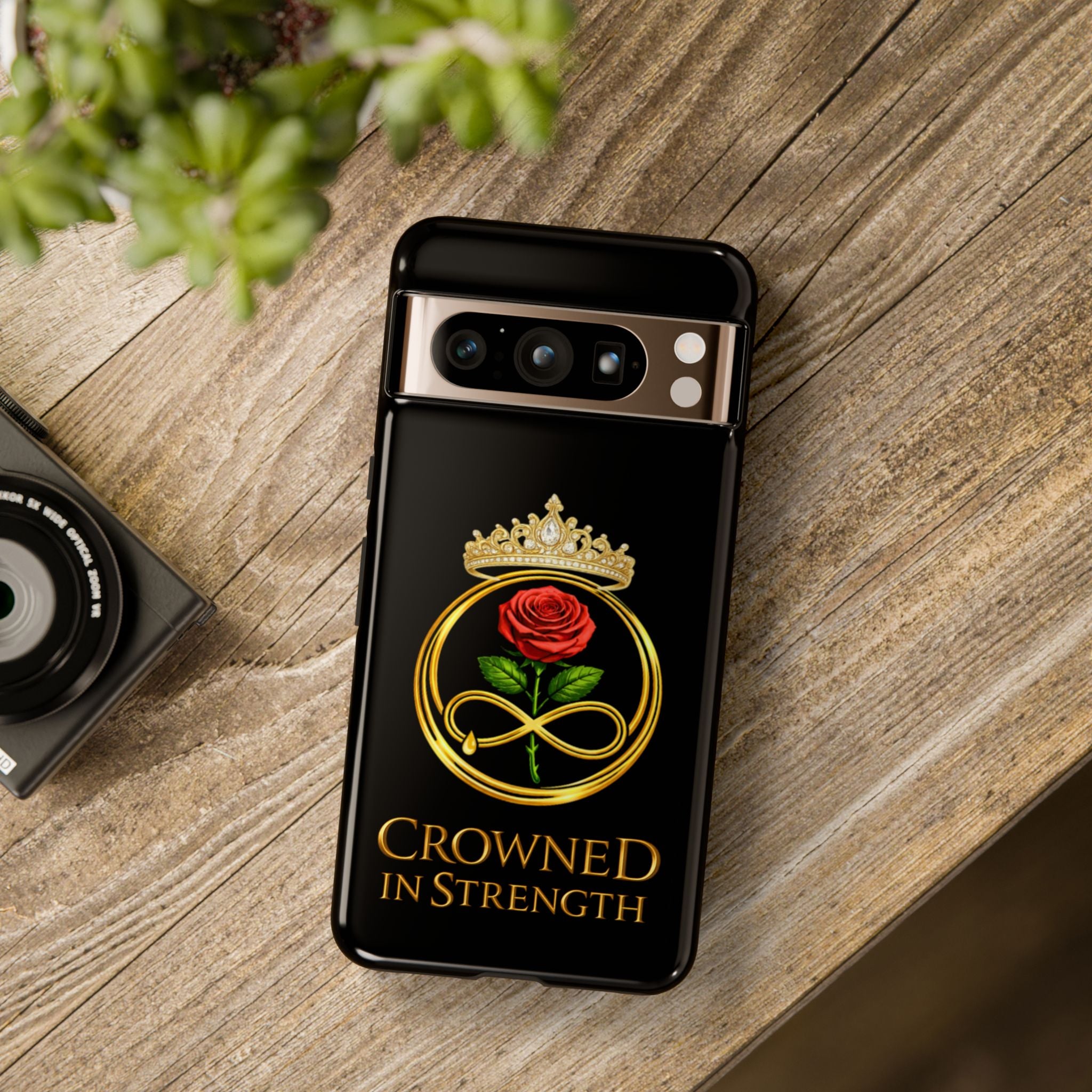 'A Rose Crowned in Strength Phone Case Black Rose Gold infinity