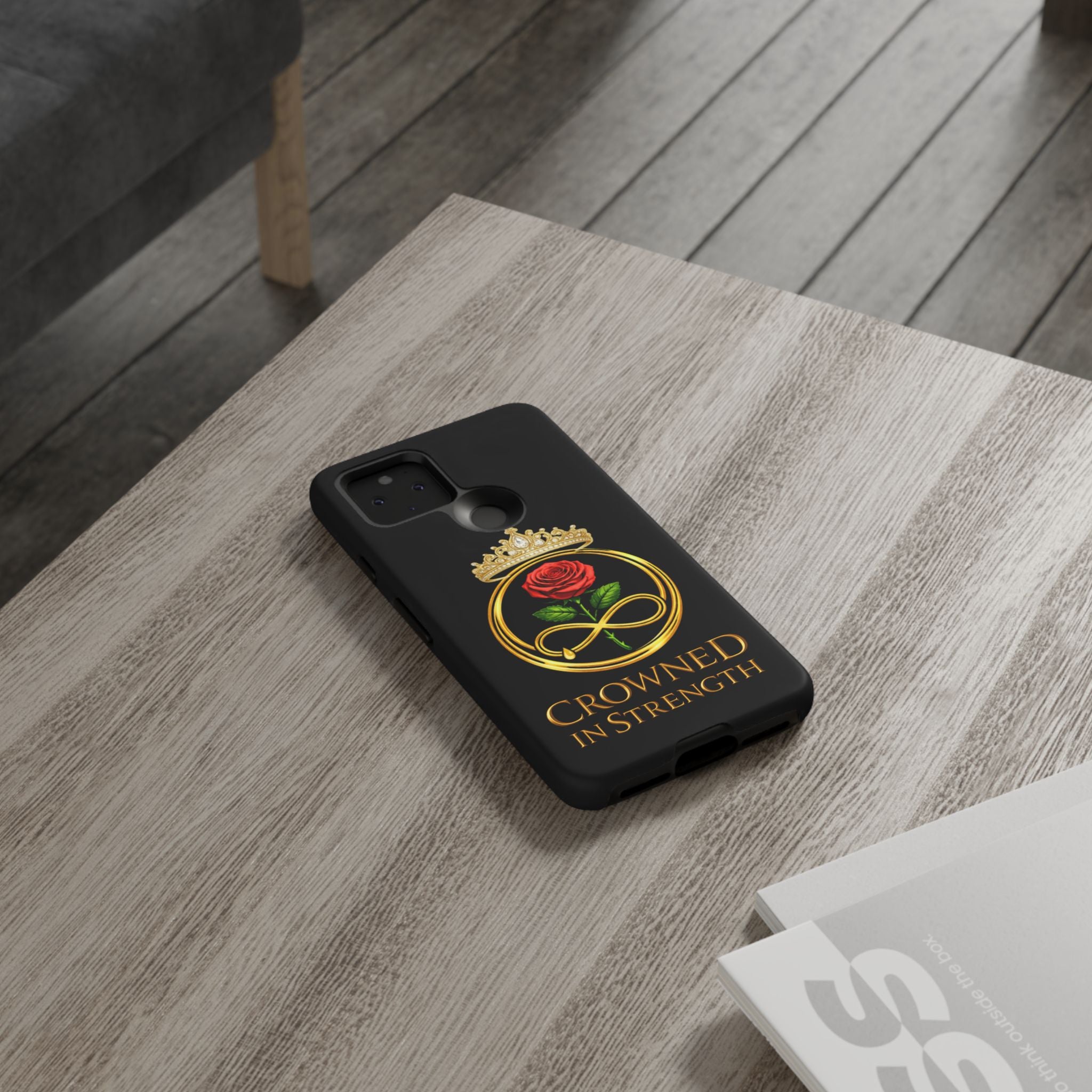 'A Rose Crowned in Strength Phone Case Black Rose Gold infinity
