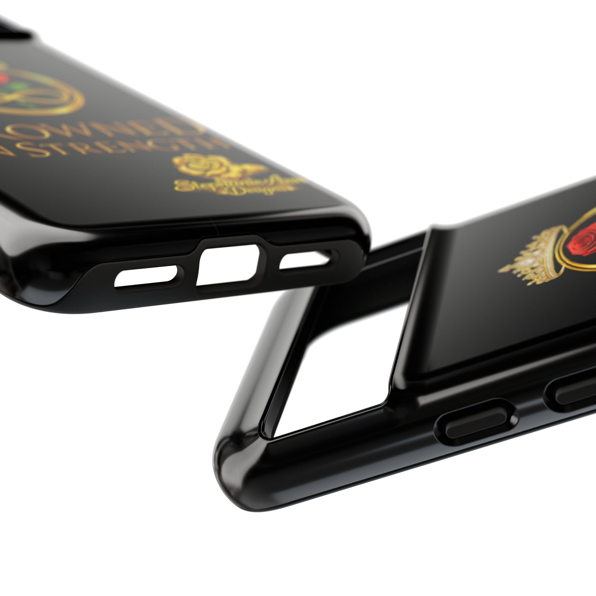 ' A Rose Crowned in Strength Phone Case Rose golden  — Protective Black Case with Rose & Crown Empowerment Design