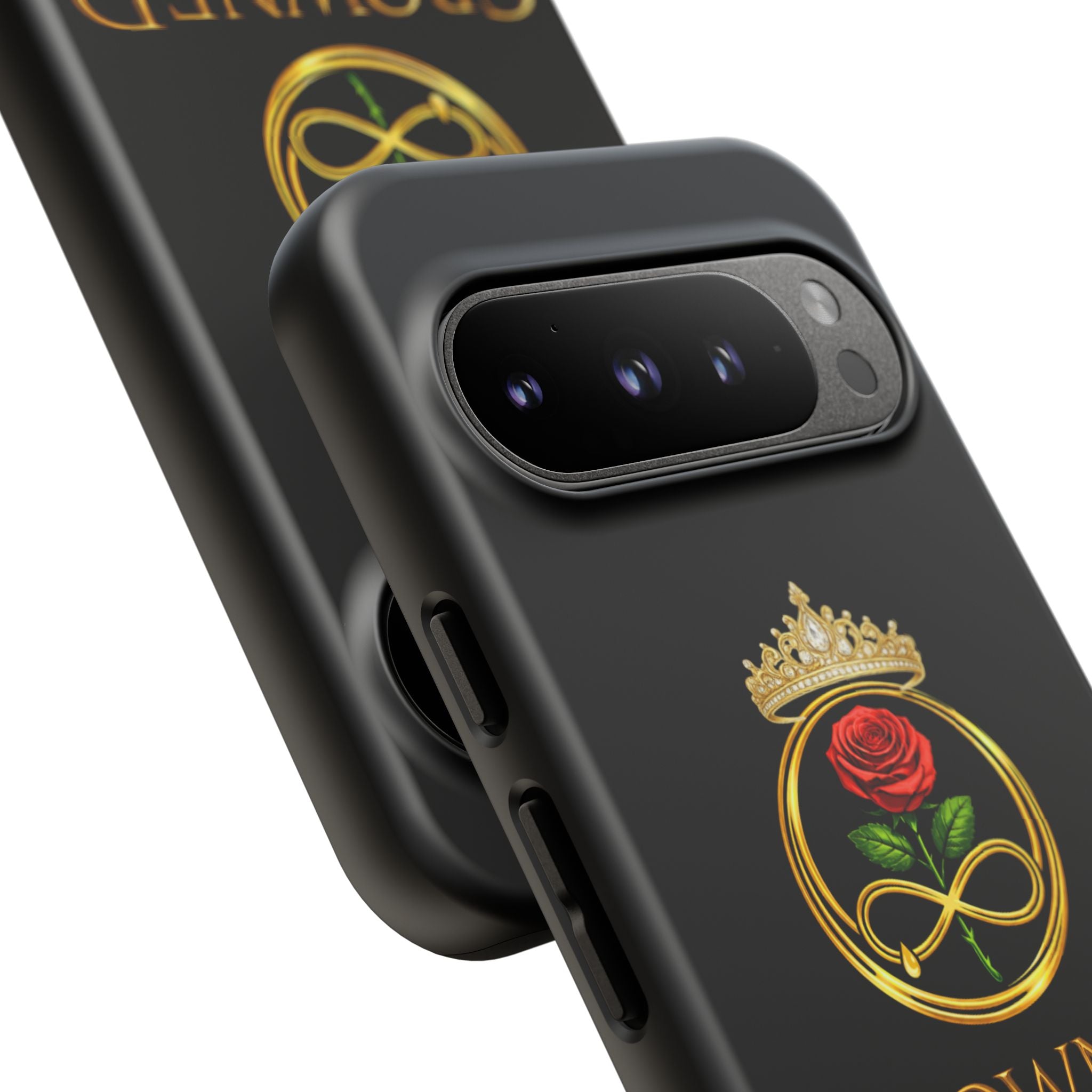 ' A Rose Crowned in Strength Phone Case Rose golden  — Protective Black Case with Rose & Crown Empowerment Design