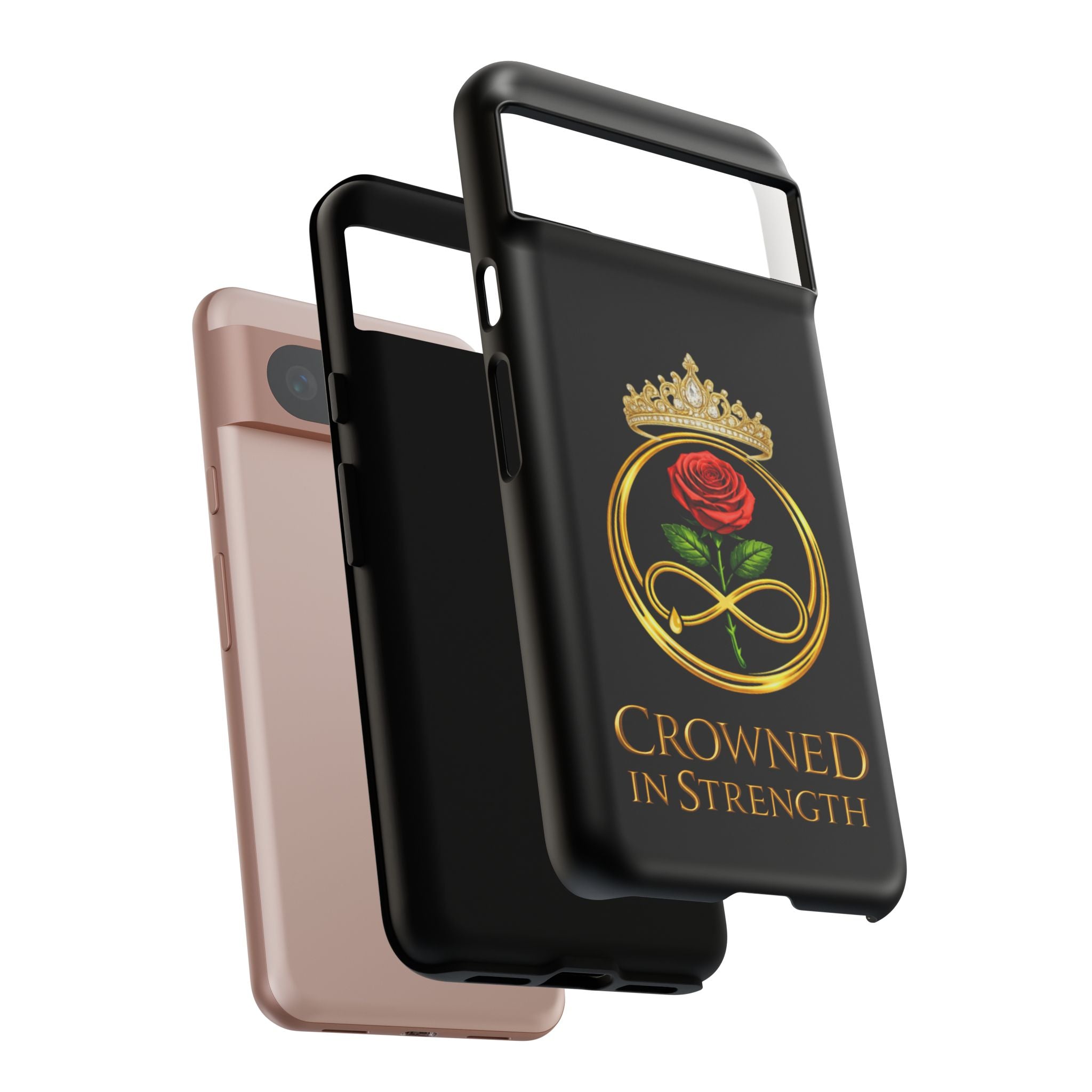 'A Rose Crowned in Strength Phone Case Black Rose Gold infinity