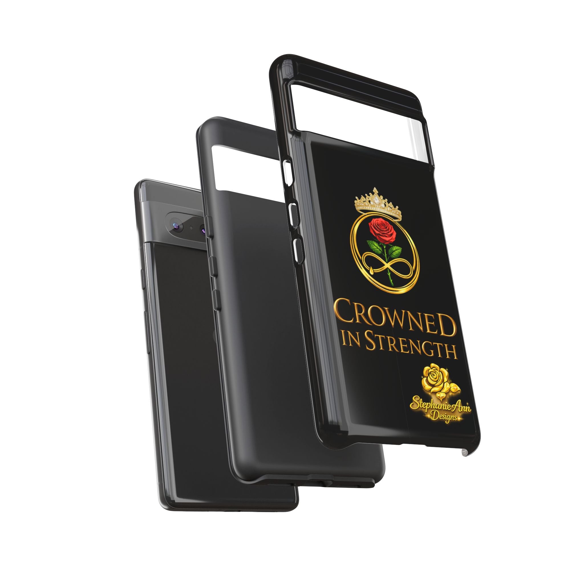 ' A Rose Crowned in Strength Phone Case Rose golden  — Protective Black Case with Rose & Crown Empowerment Design