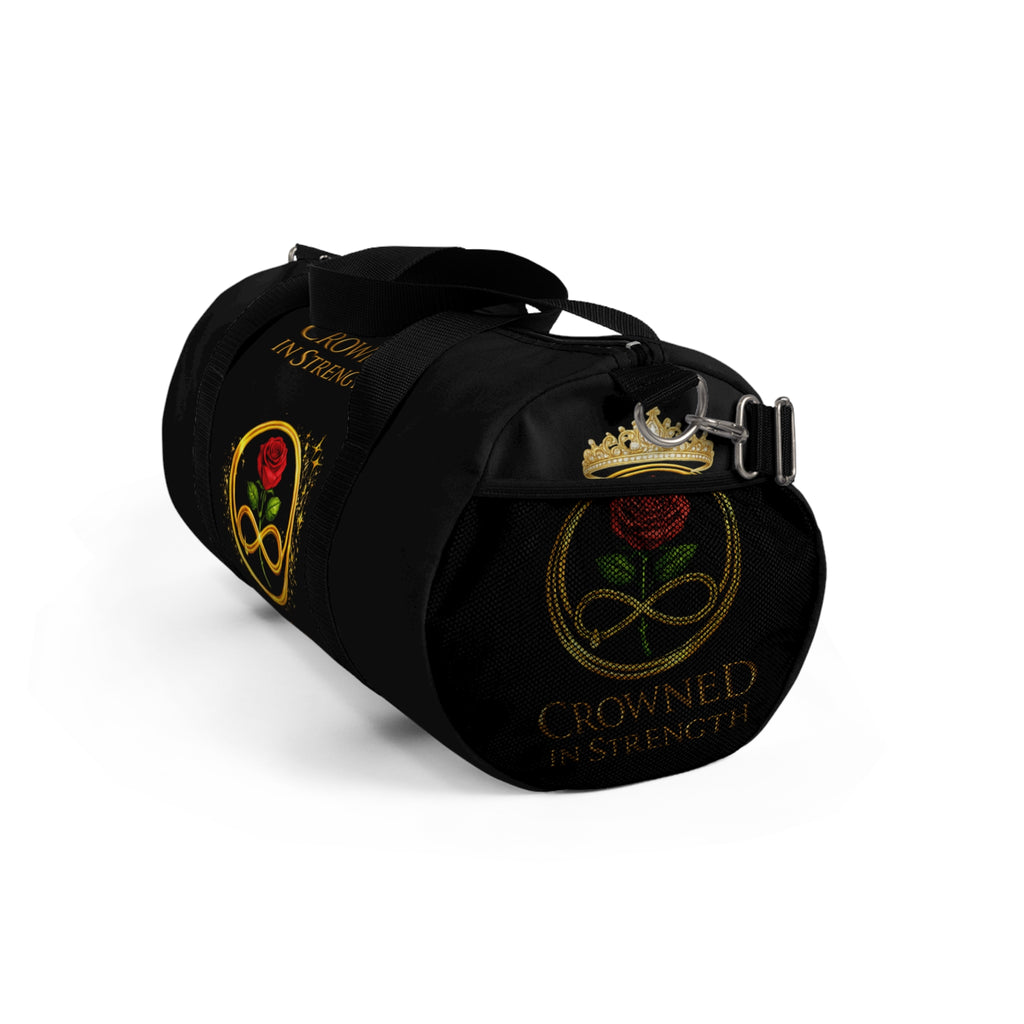 'A Rose Crowned in Strength Golden circle Infinity Of Red Rose Life Duffel Bag — Inspirational Rose & Infinity Travel Gym Bag