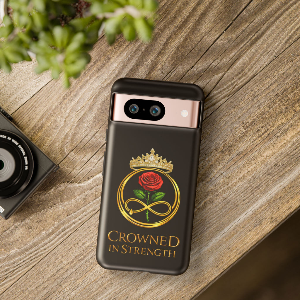 'A Rose Crowned in Strength Phone Case Black Rose Gold infinity
