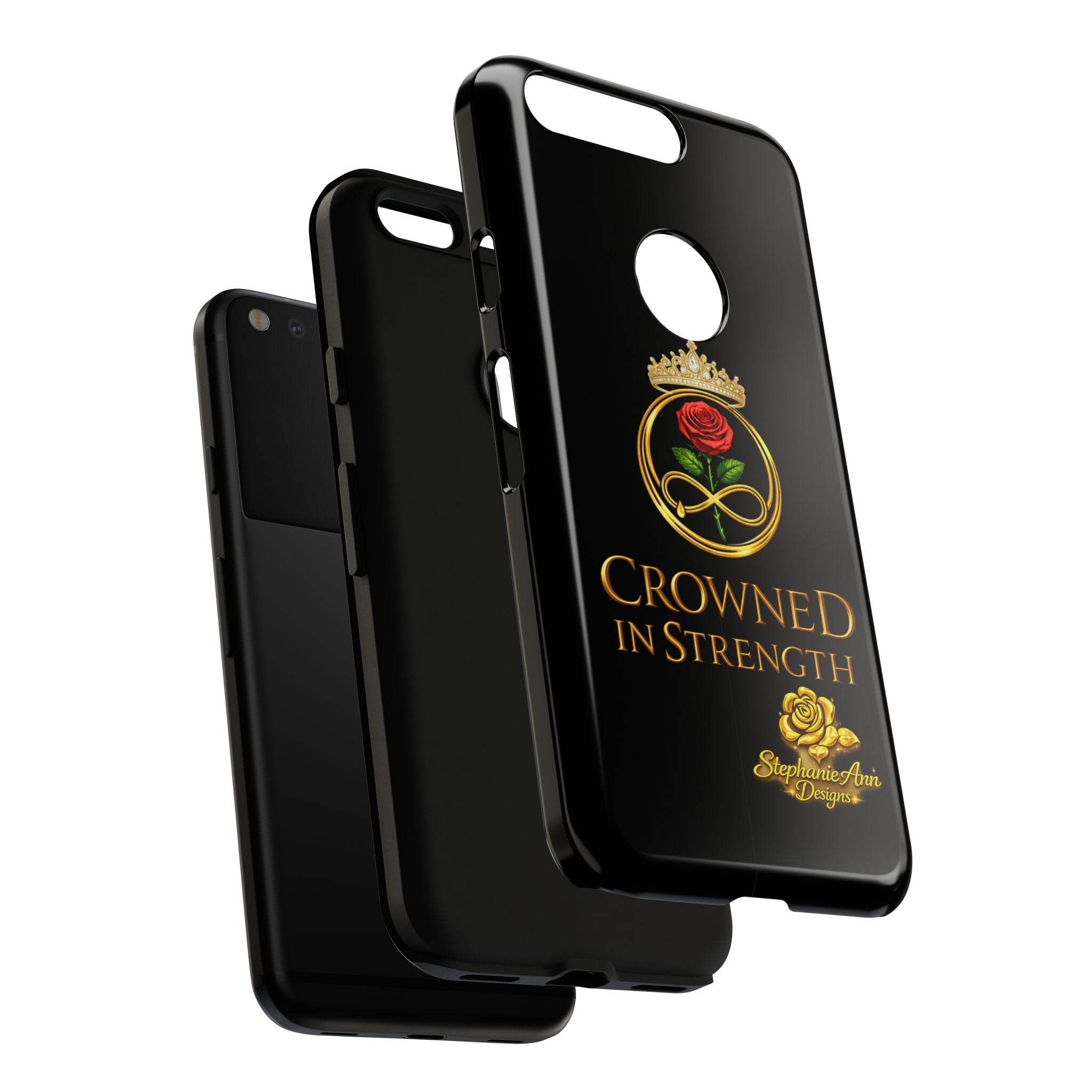 ' A Rose Crowned in Strength Phone Case Rose golden  — Protective Black Case with Rose & Crown Empowerment Design