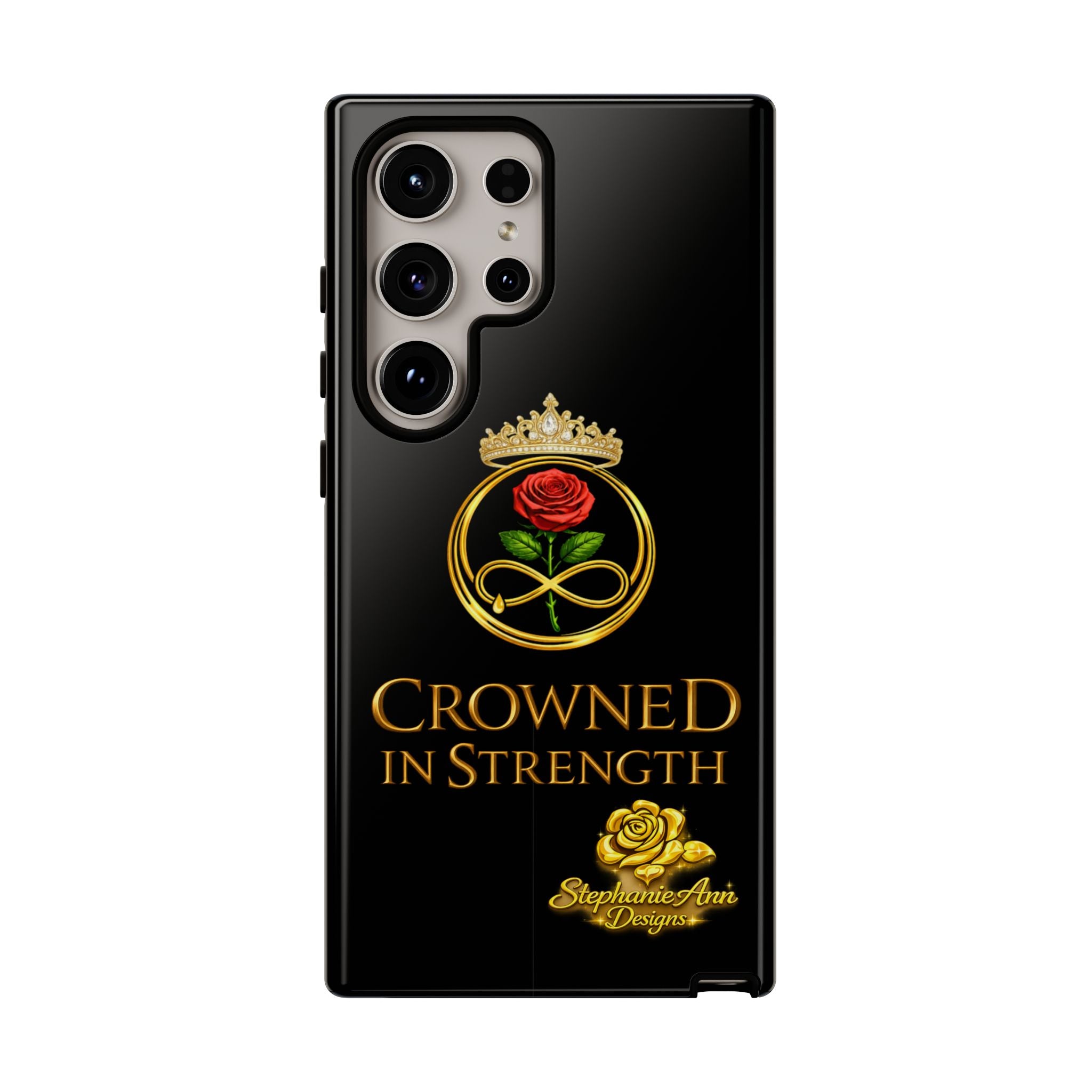 ' A Rose Crowned in Strength Phone Case Rose golden  — Protective Black Case with Rose & Crown Empowerment Design