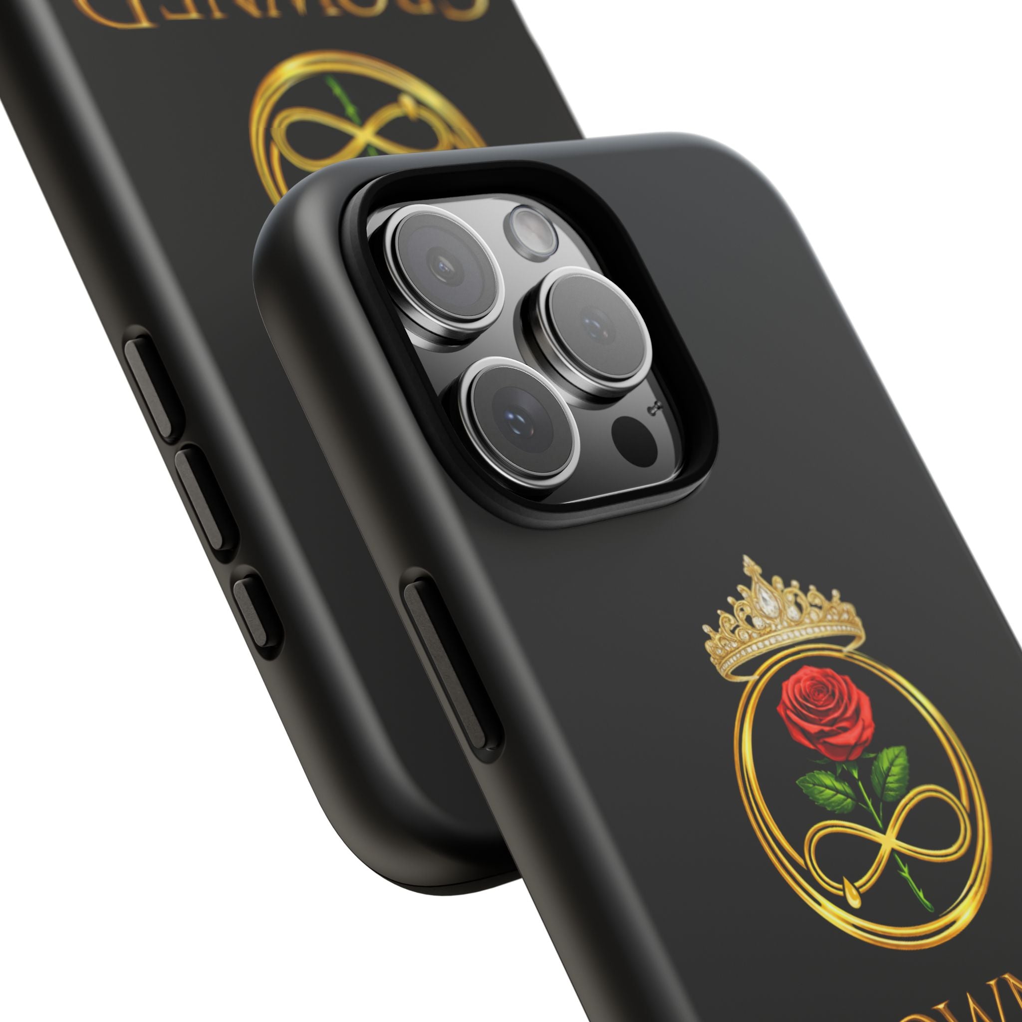 ' A Rose Crowned in Strength Phone Case Rose golden  — Protective Black Case with Rose & Crown Empowerment Design