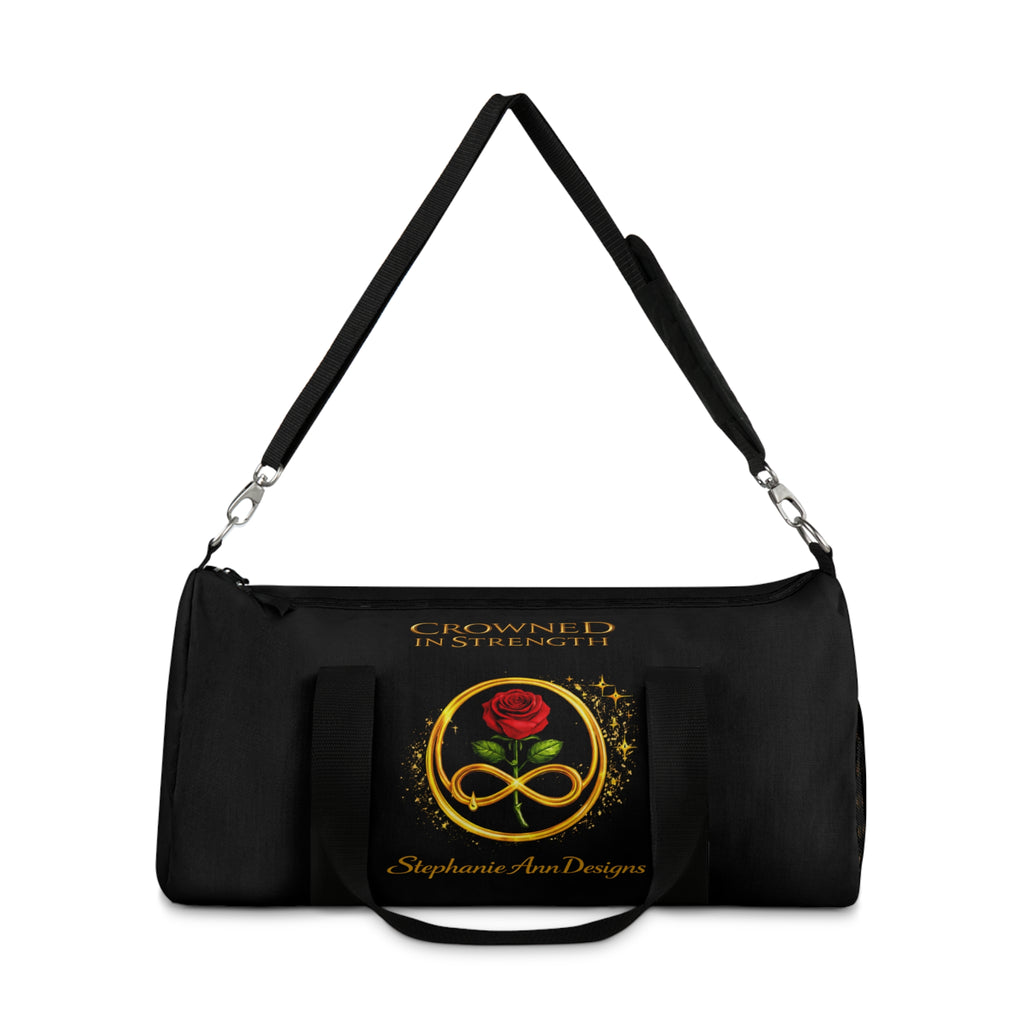 'A Rose Crowned in Strength Golden circle Infinity Of Red Rose Life Duffel Bag — Inspirational Rose & Infinity Travel Gym Bag