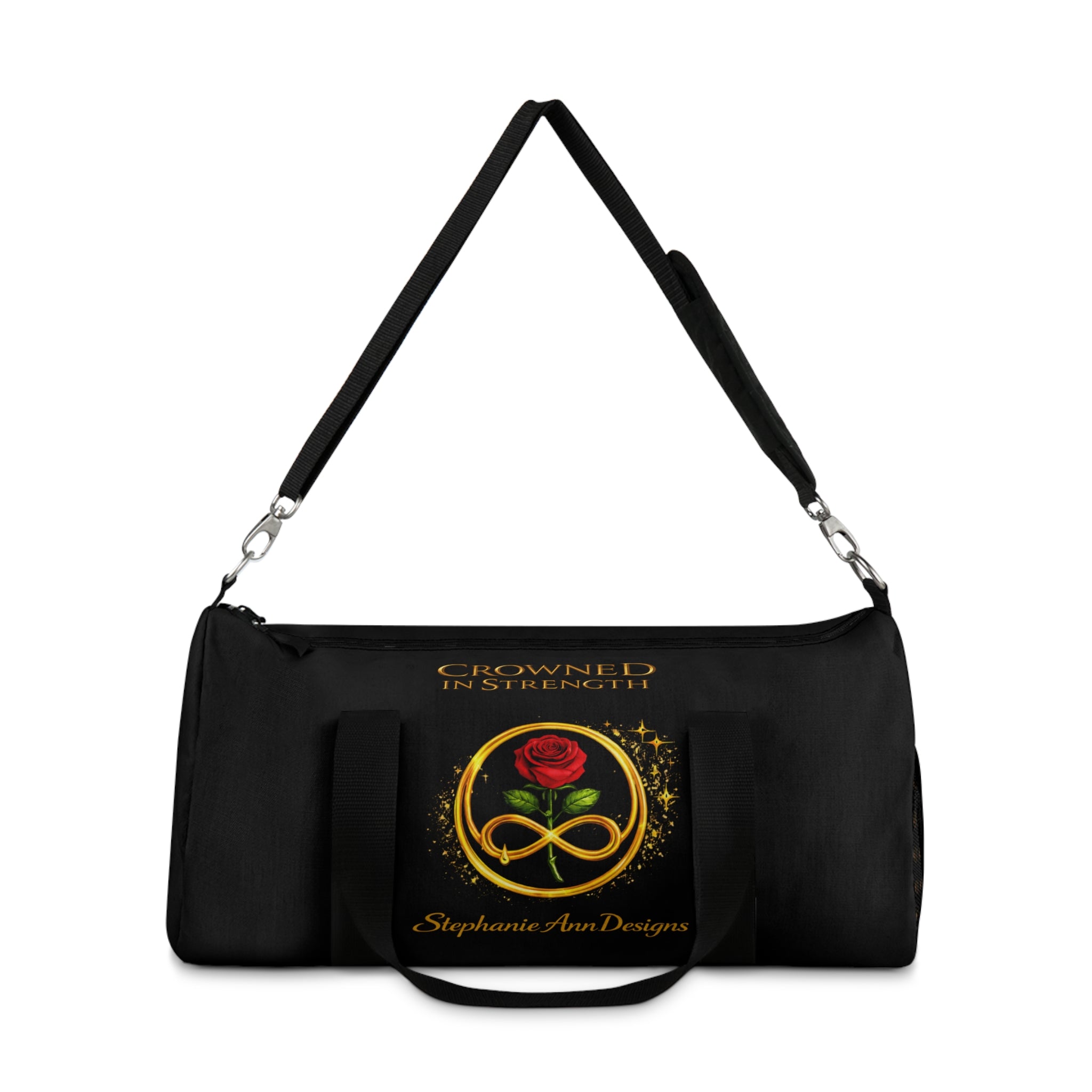 'A Rose Crowned in Strength Golden circle Infinity Of Red Rose Life Duffel Bag — Inspirational Rose & Infinity Travel Gym Bag