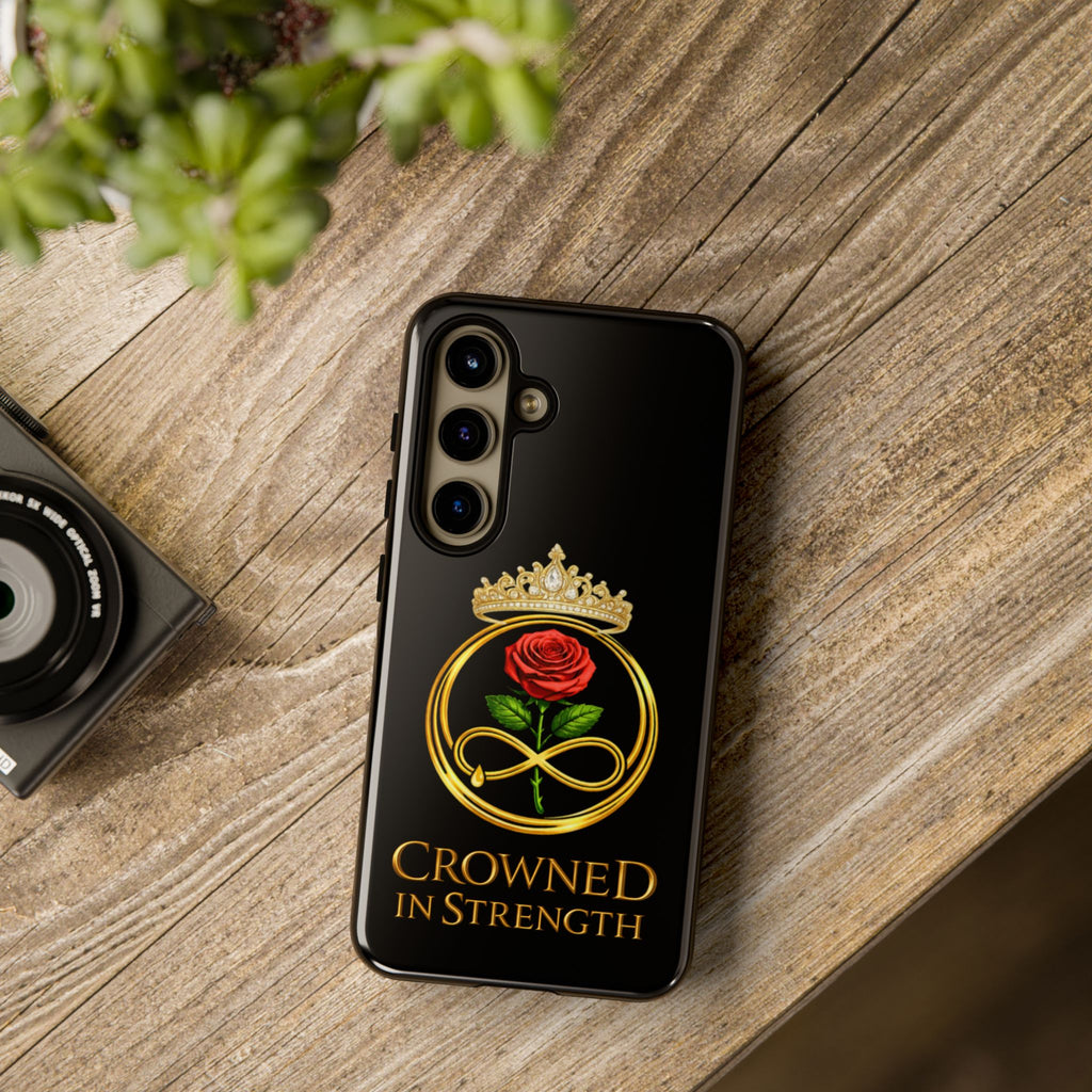 'A Rose Crowned in Strength Phone Case Black Rose Gold infinity