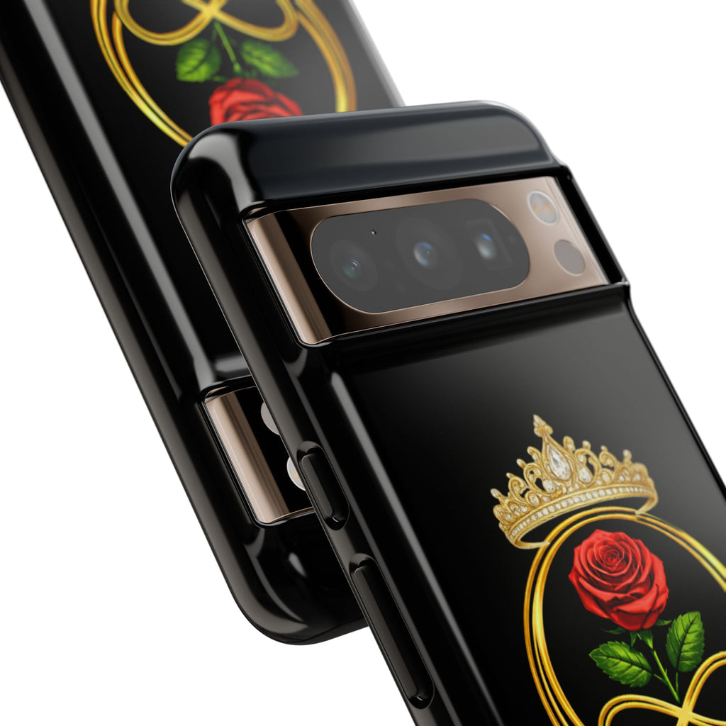 'A Rose Crowned in Strength Phone Case Black Rose Gold infinity