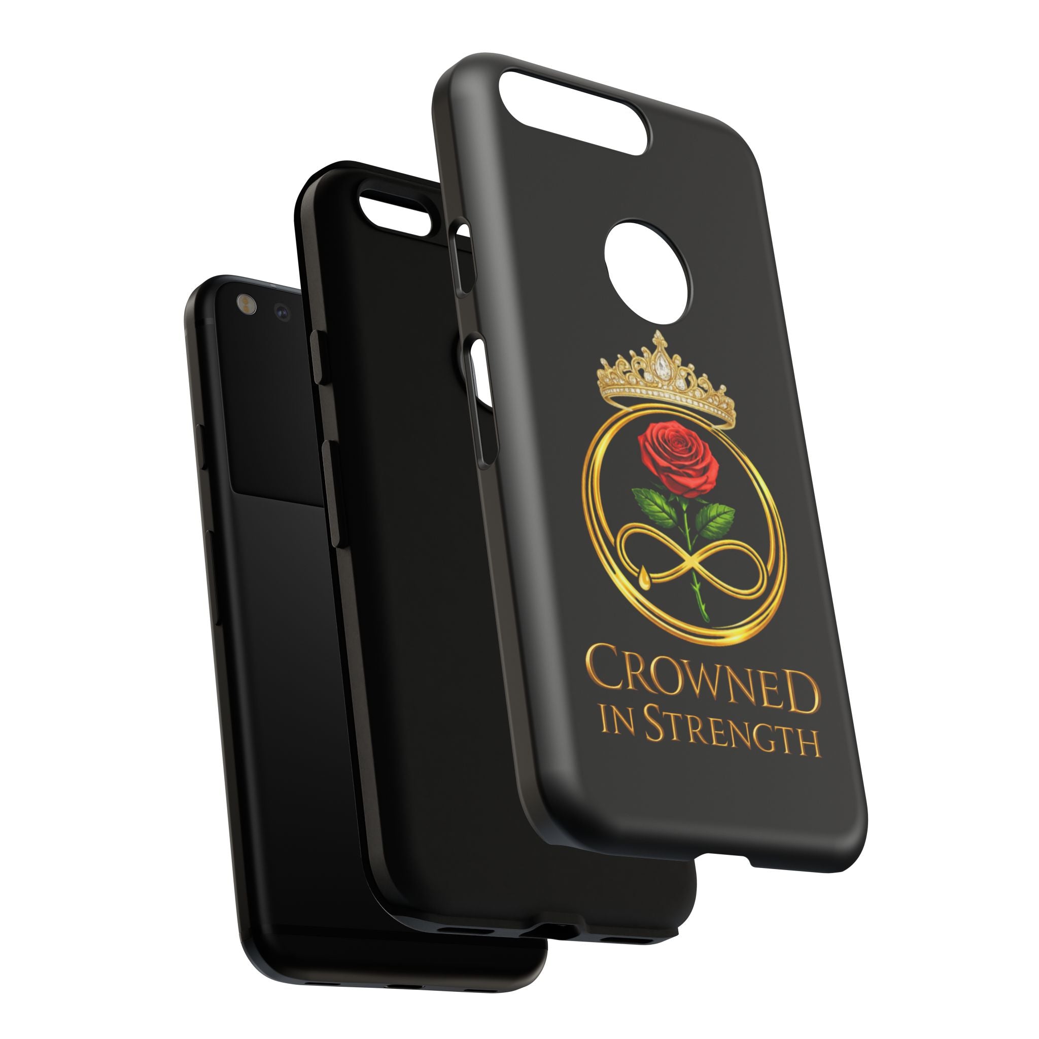 'A Rose Crowned in Strength Phone Case Black Rose Gold infinity