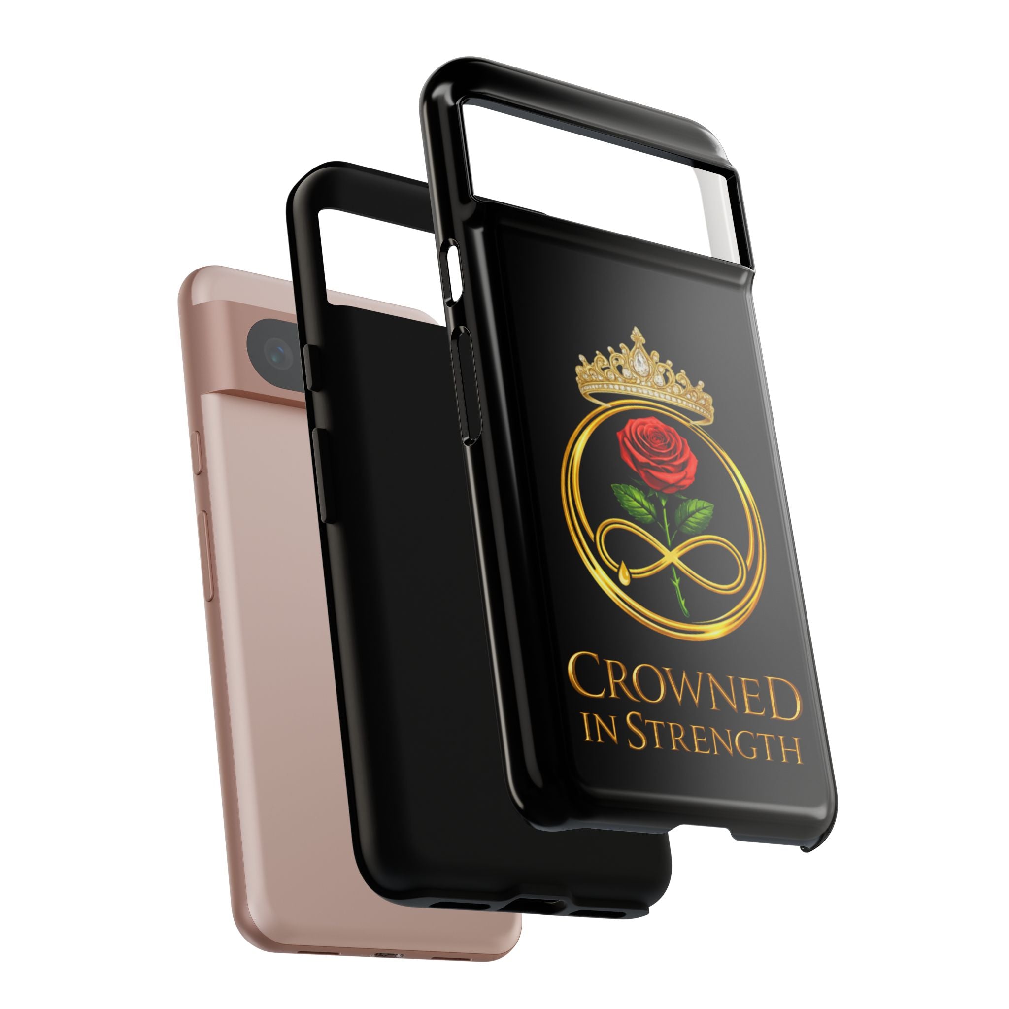 'A Rose Crowned in Strength Phone Case Black Rose Gold infinity