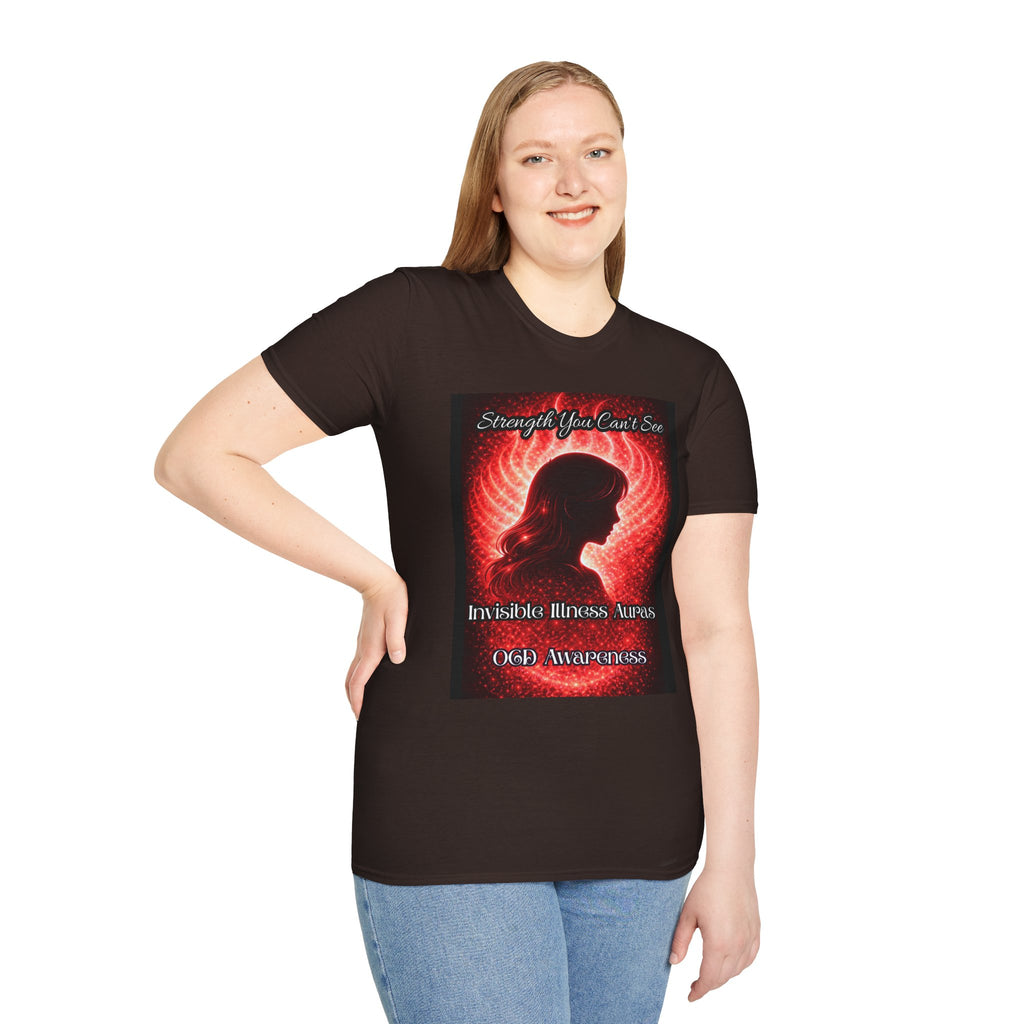 OCD awareness Invisible Illness auras Awareness T-Shirt — Strength You Can't See (Red Aura Angel Wings)