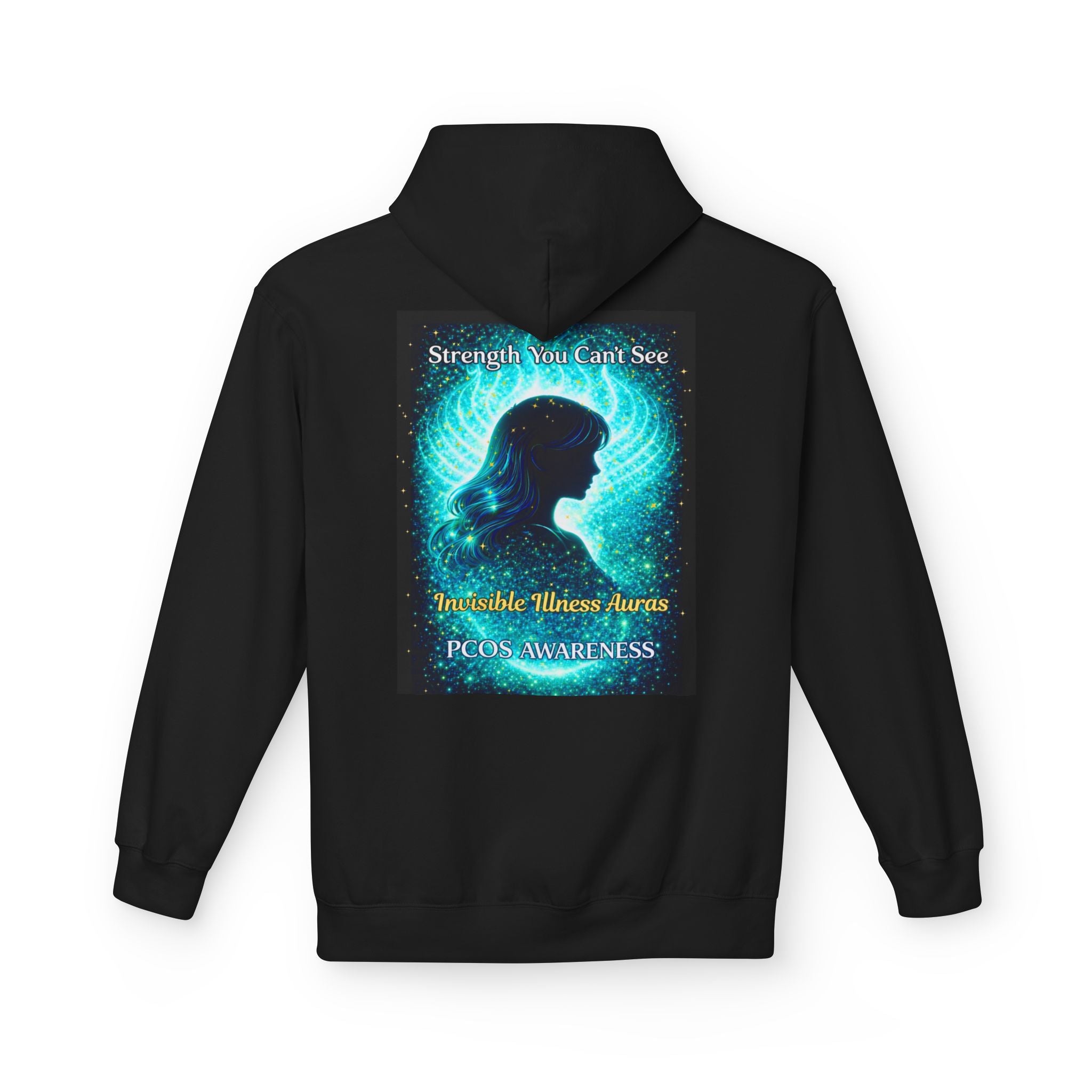PCOS Awareness AURA TEAL GOLD Hoodie — "Strength You Can't See" Silhouette Design