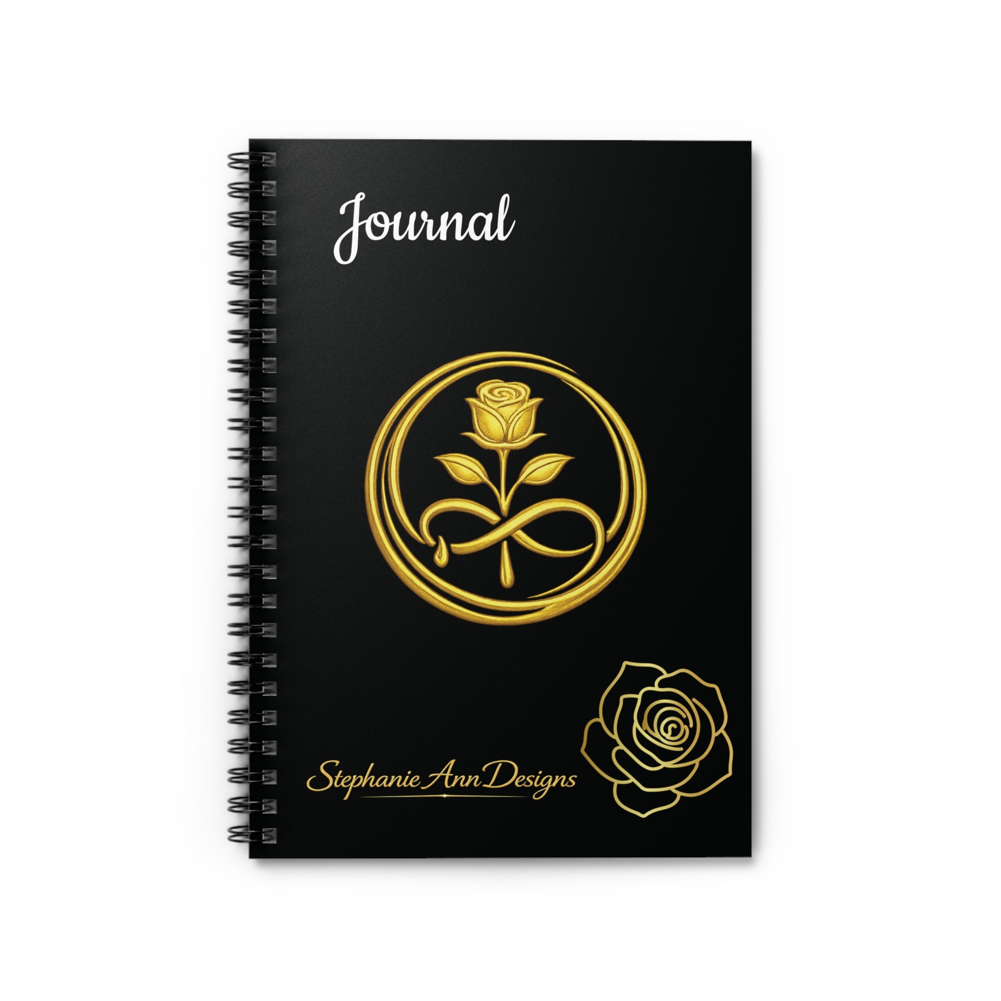 Gold Rose Journal Spiral Notebook — Elegant Black Ruled Notebook for Notes & Journaling