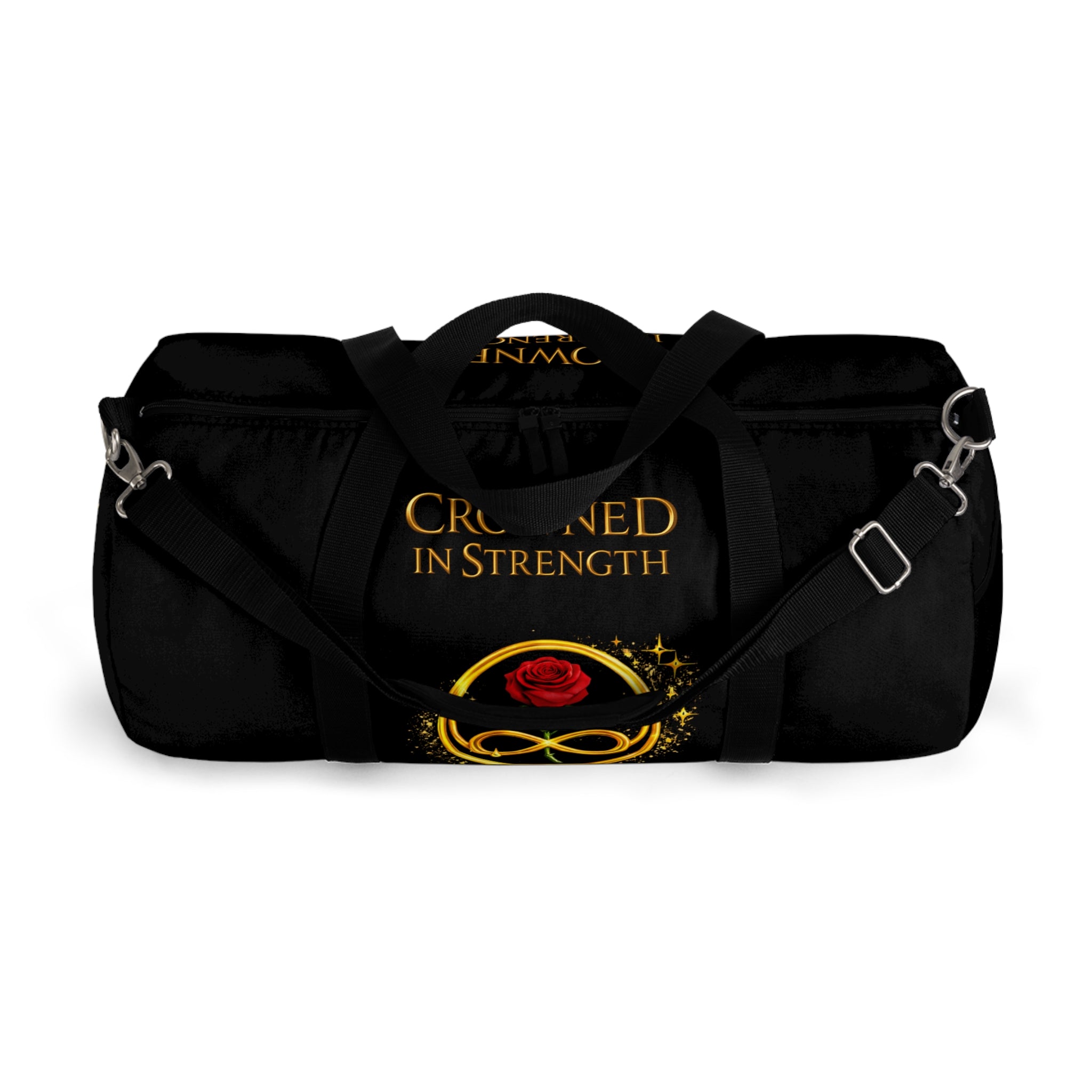 'A Rose Crowned in Strength Golden circle Infinity Of Red Rose Life Duffel Bag — Inspirational Rose & Infinity Travel Gym Bag