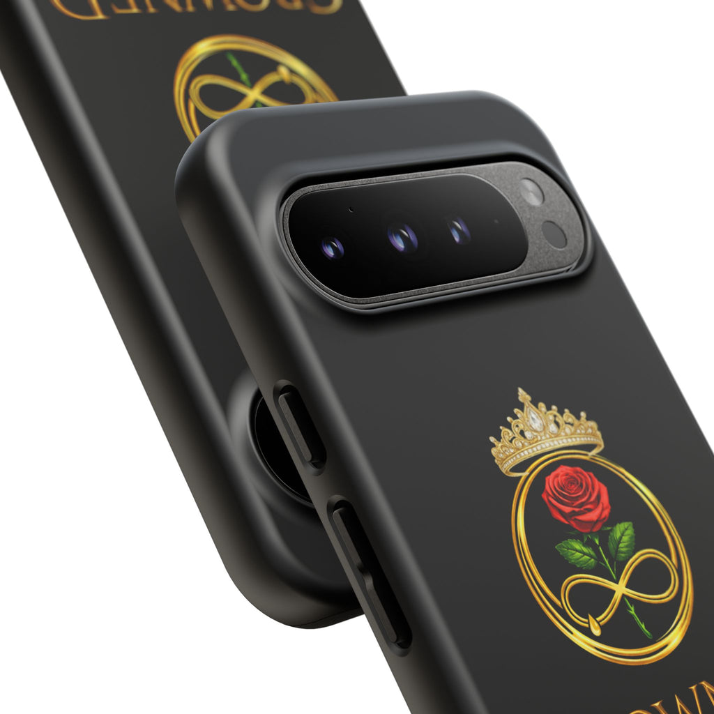 ' A Rose Crowned in Strength Phone Case Rose golden  — Protective Black Case with Rose & Crown Empowerment Design