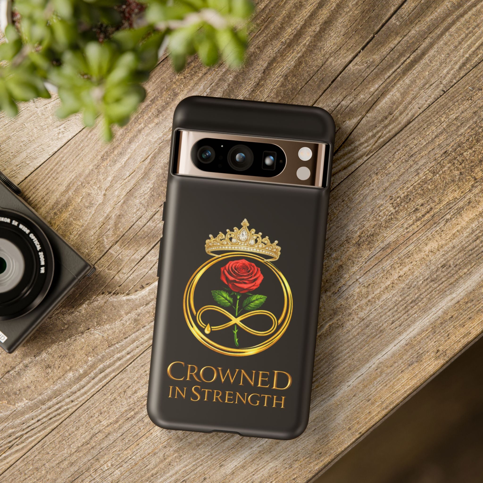 'A Rose Crowned in Strength Phone Case Black Rose Gold infinity