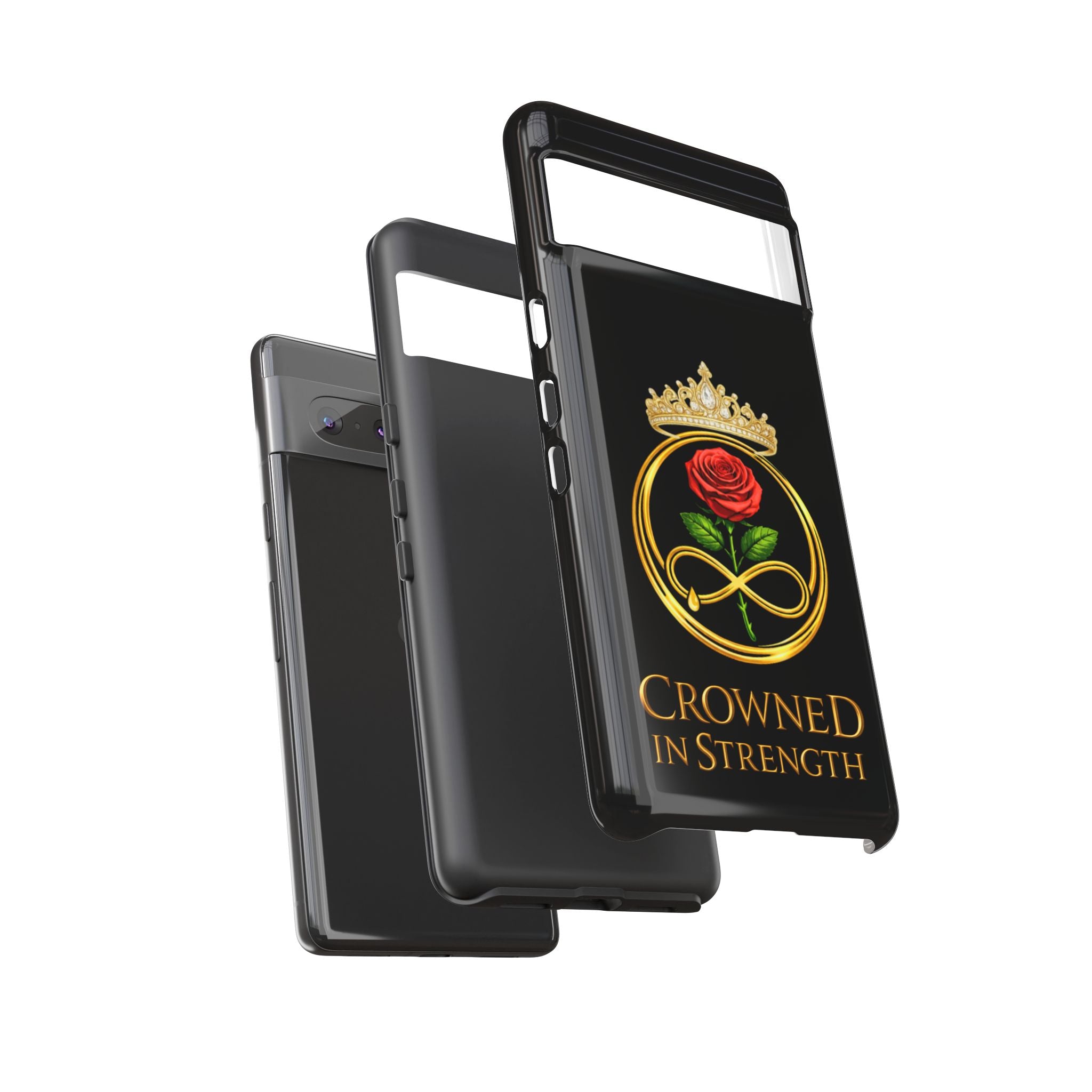 'A Rose Crowned in Strength Phone Case Black Rose Gold infinity