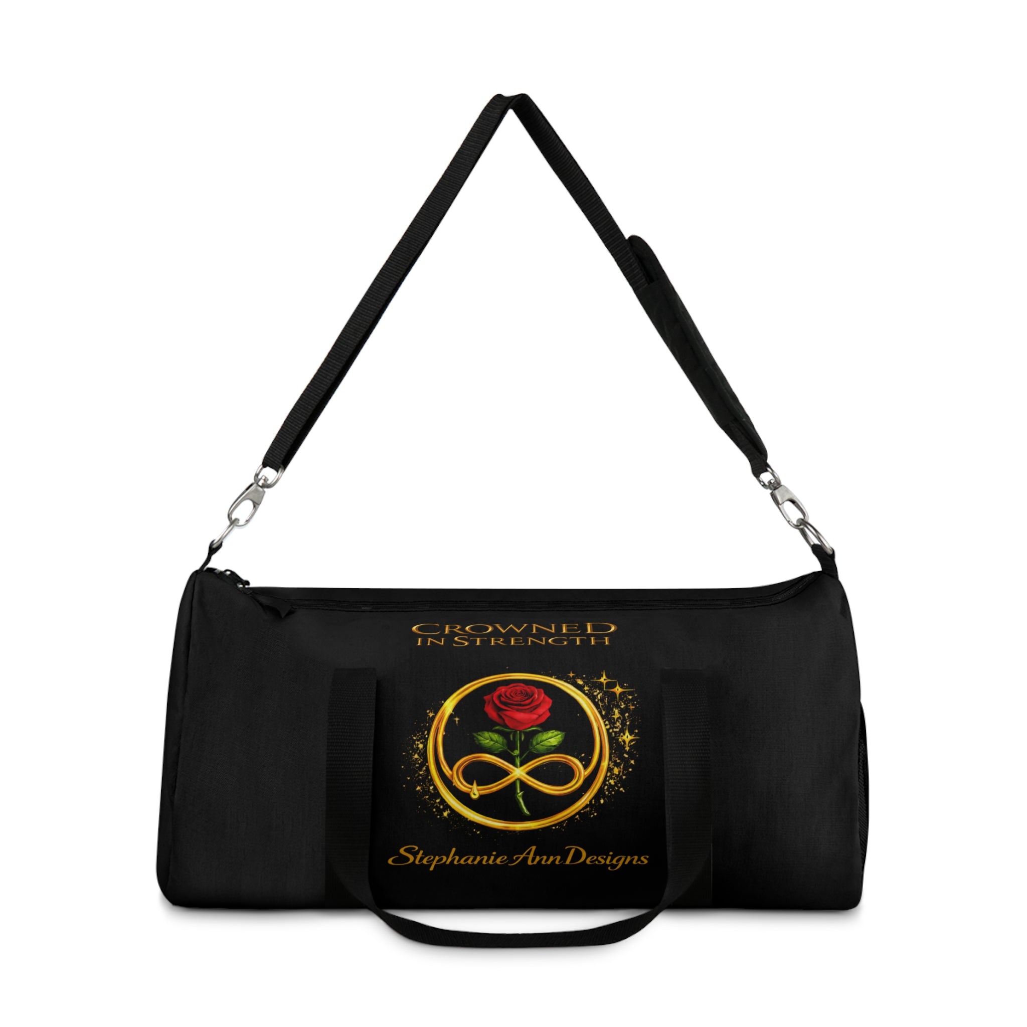 'A Rose Crowned in Strength Golden circle Infinity Of Red Rose Life Duffel Bag — Inspirational Rose & Infinity Travel Gym Bag