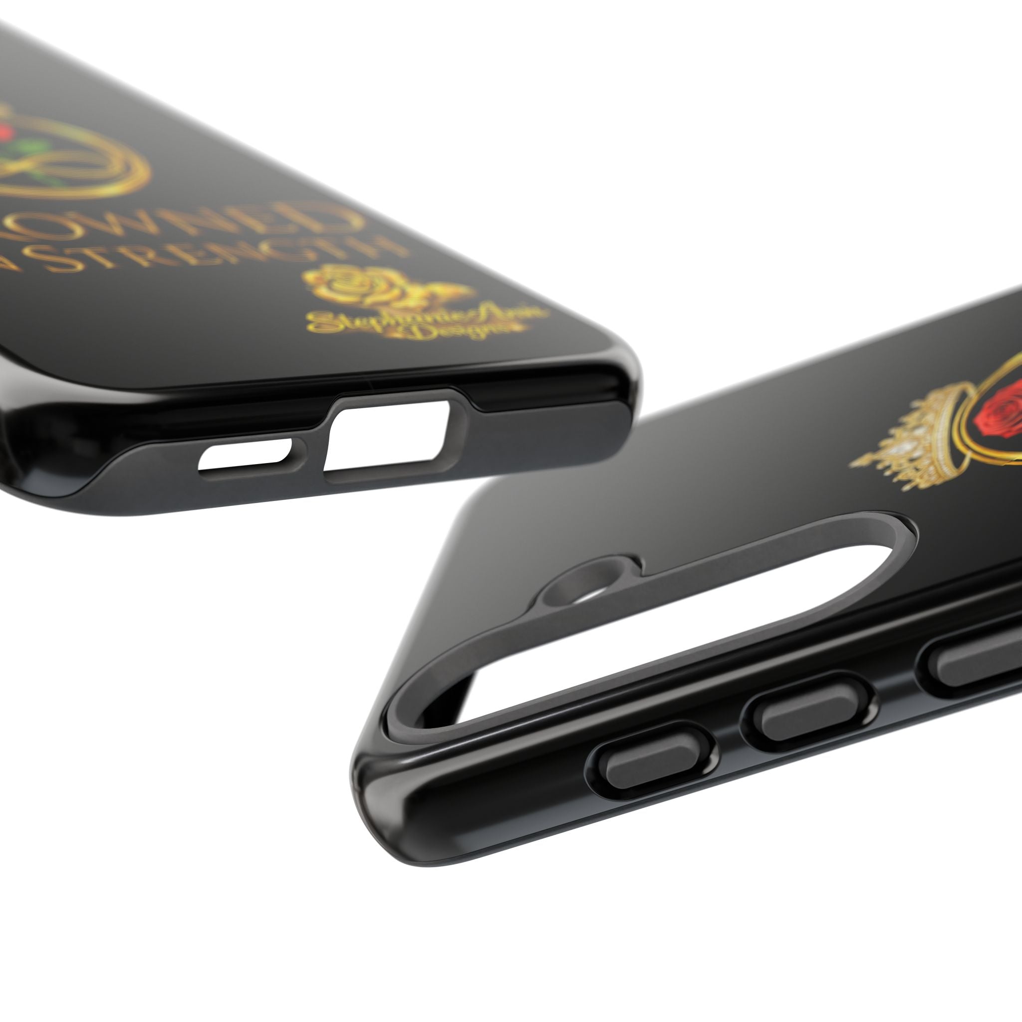 ' A Rose Crowned in Strength Phone Case Rose golden  — Protective Black Case with Rose & Crown Empowerment Design