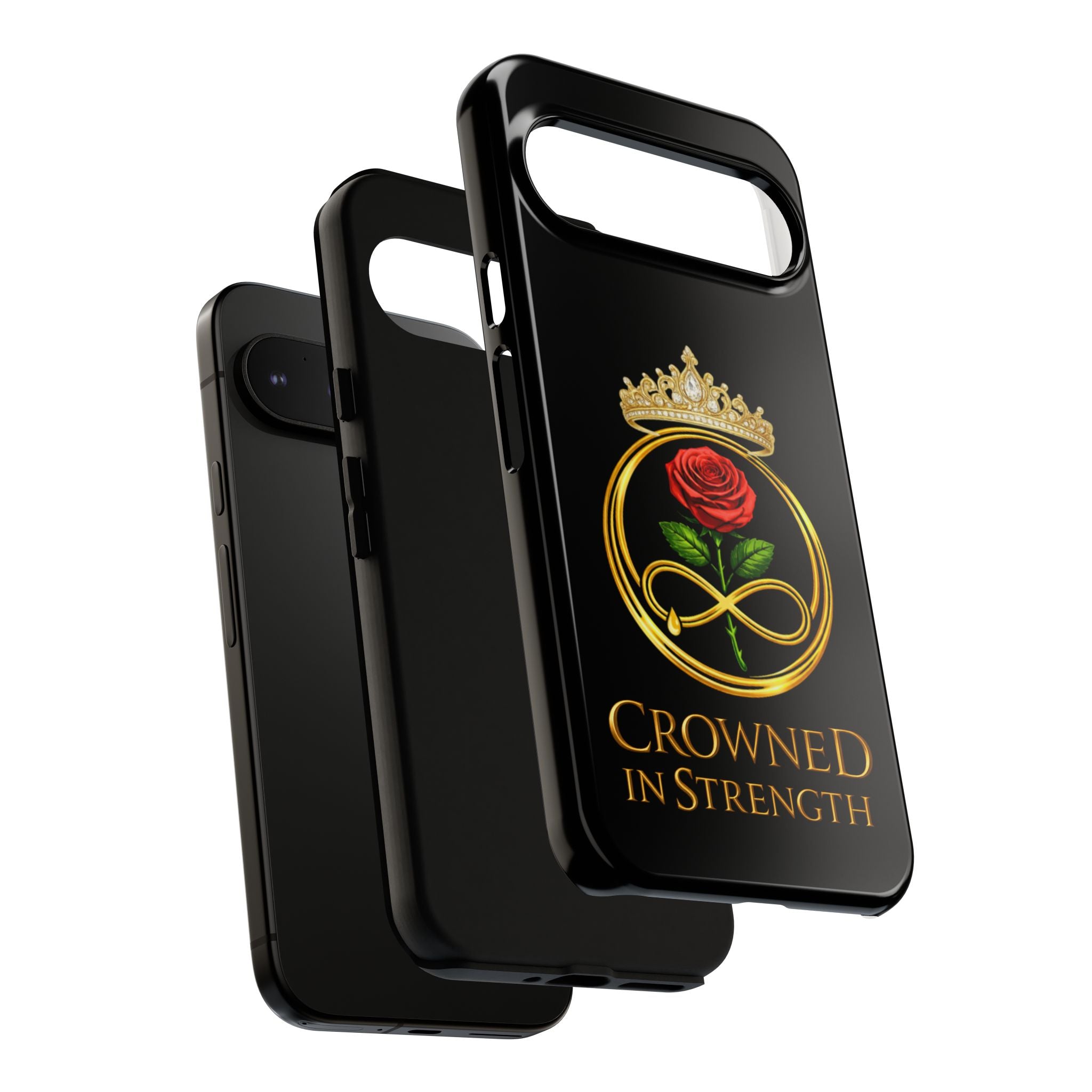 'A Rose Crowned in Strength Phone Case Black Rose Gold infinity