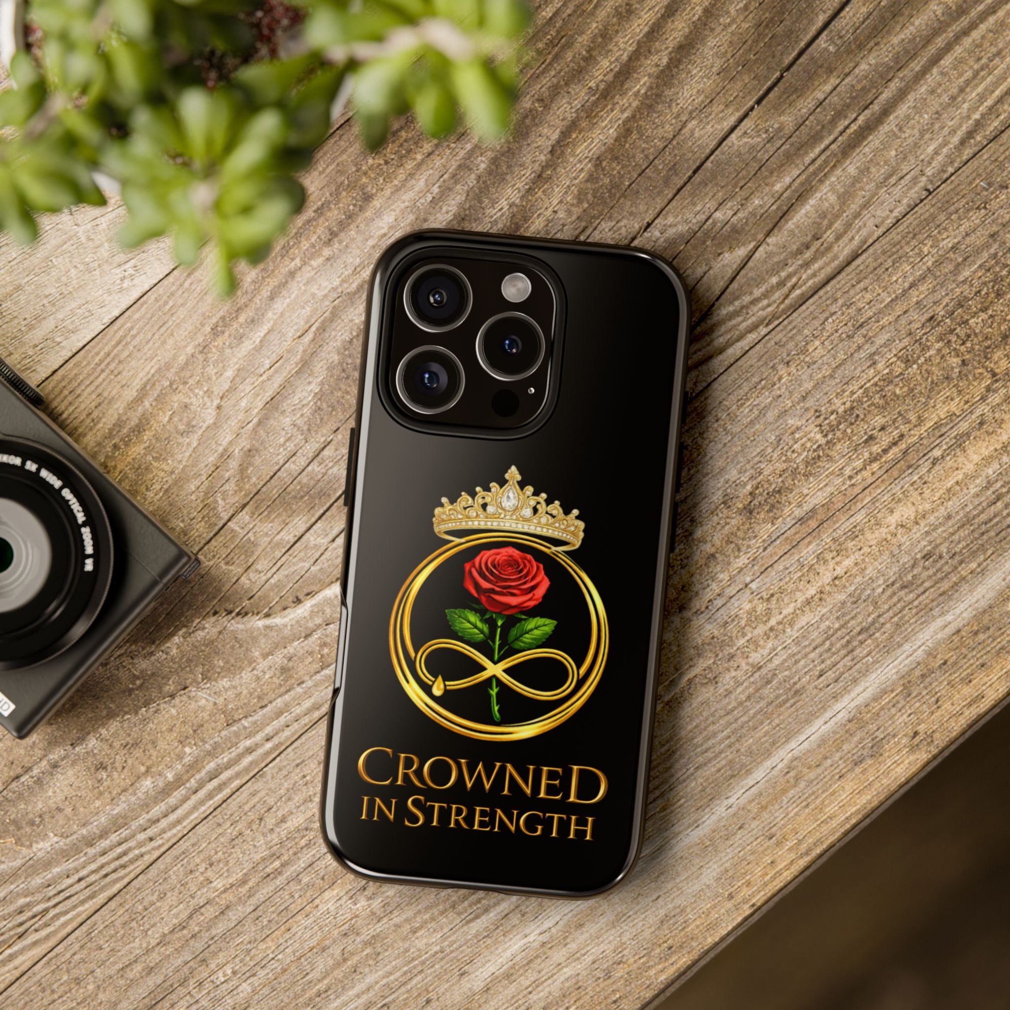 'A Rose Crowned in Strength Phone Case Black Rose Gold infinity