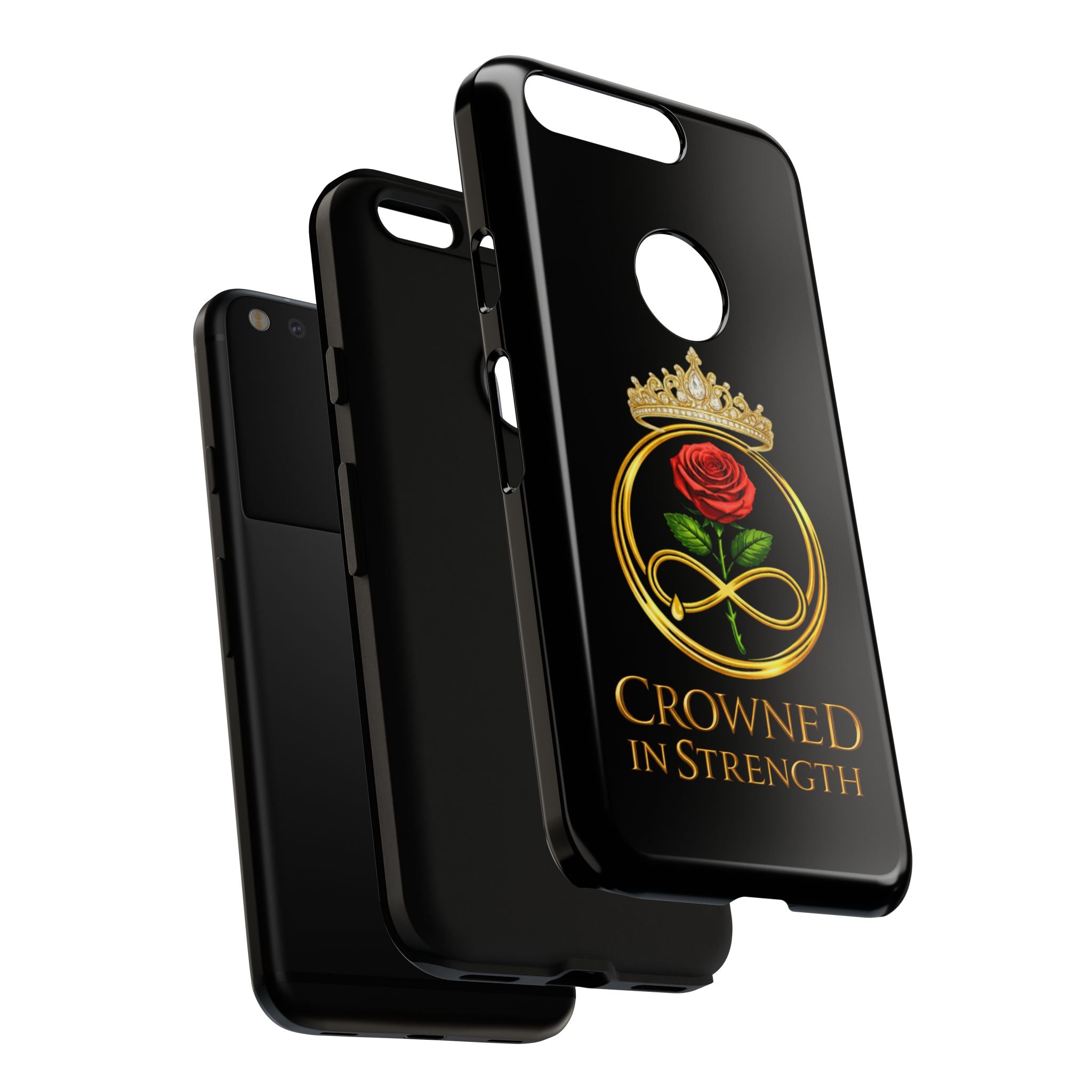 'A Rose Crowned in Strength Phone Case Black Rose Gold infinity