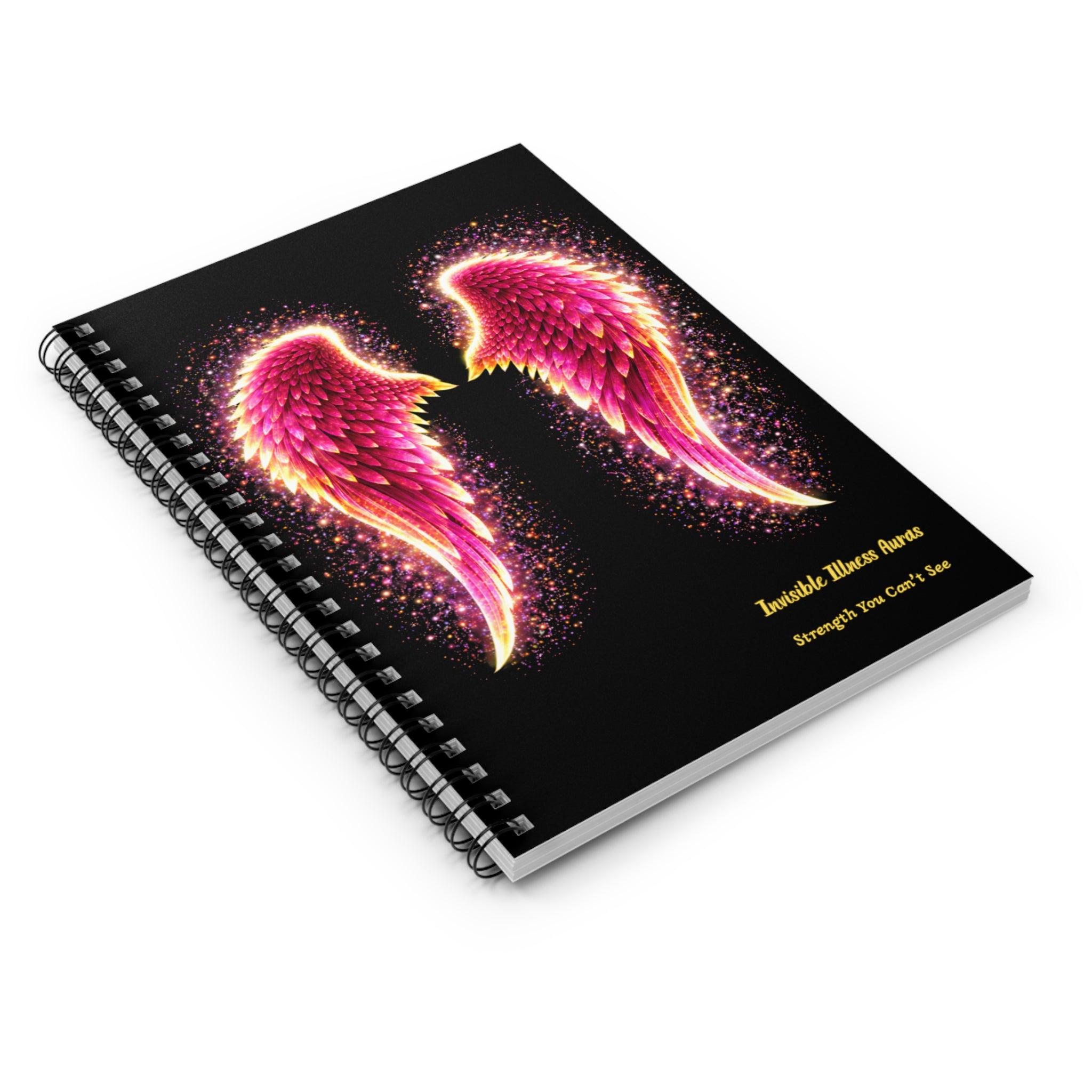 Rose gold Aura angel wings Invisible Illness auras Spiral Notebook — Pink Angel Wings "Invisible Illness Aware" Ruled Journal