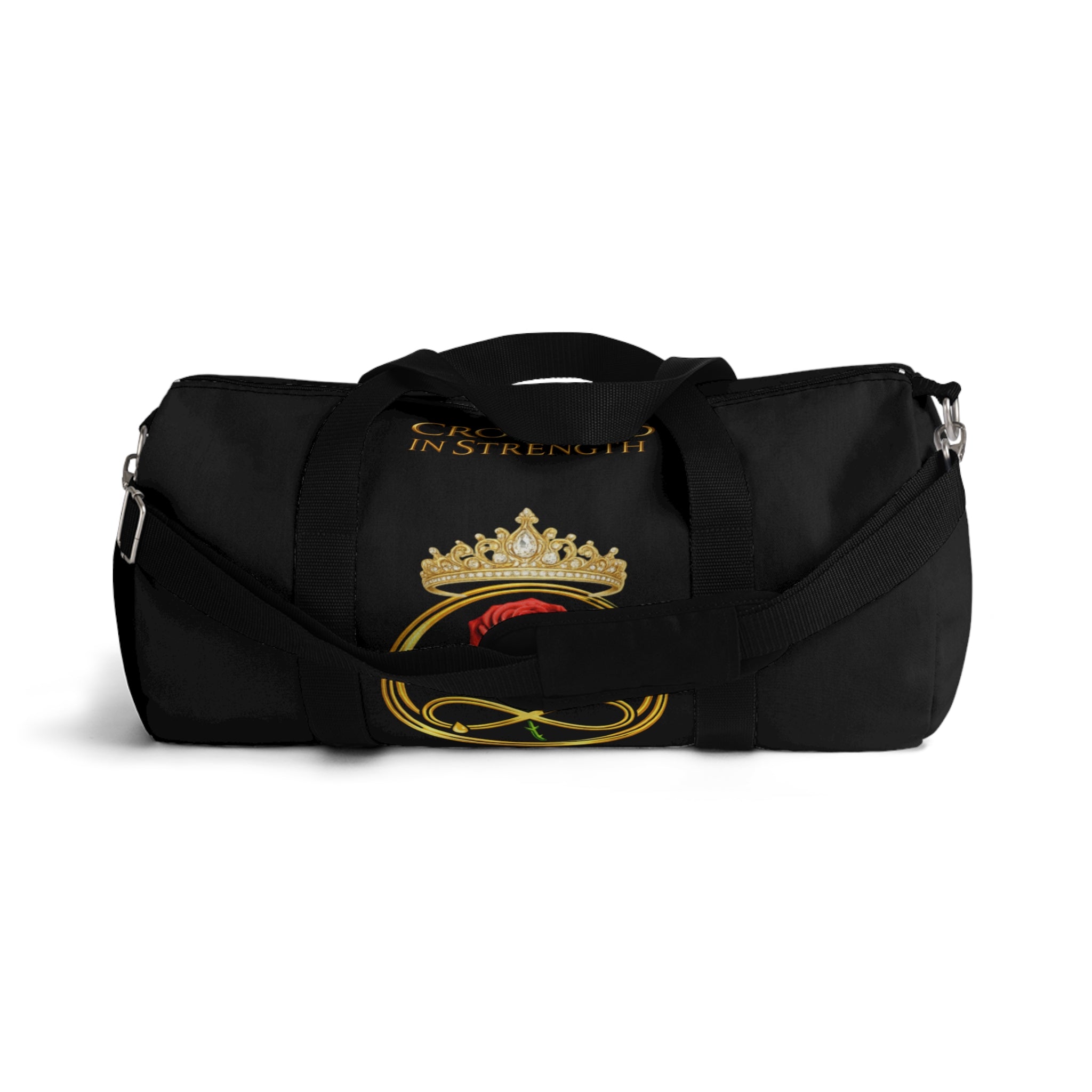 'A Rose Crowned in Strength Golden circle Infinity Of Red Rose Life Duffel Bag — Inspirational Rose & Infinity Travel Gym Bag