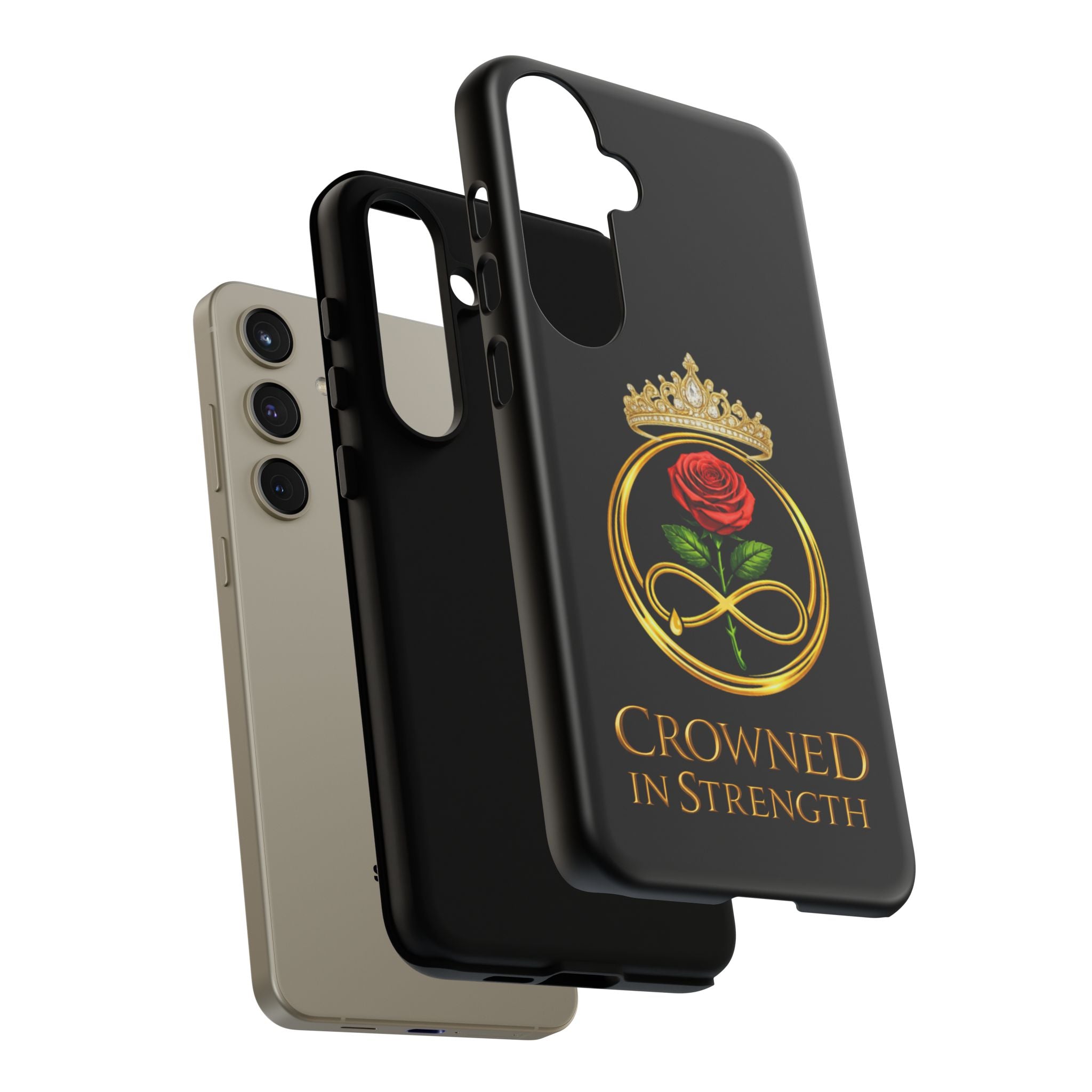 'A Rose Crowned in Strength Phone Case Black Rose Gold infinity