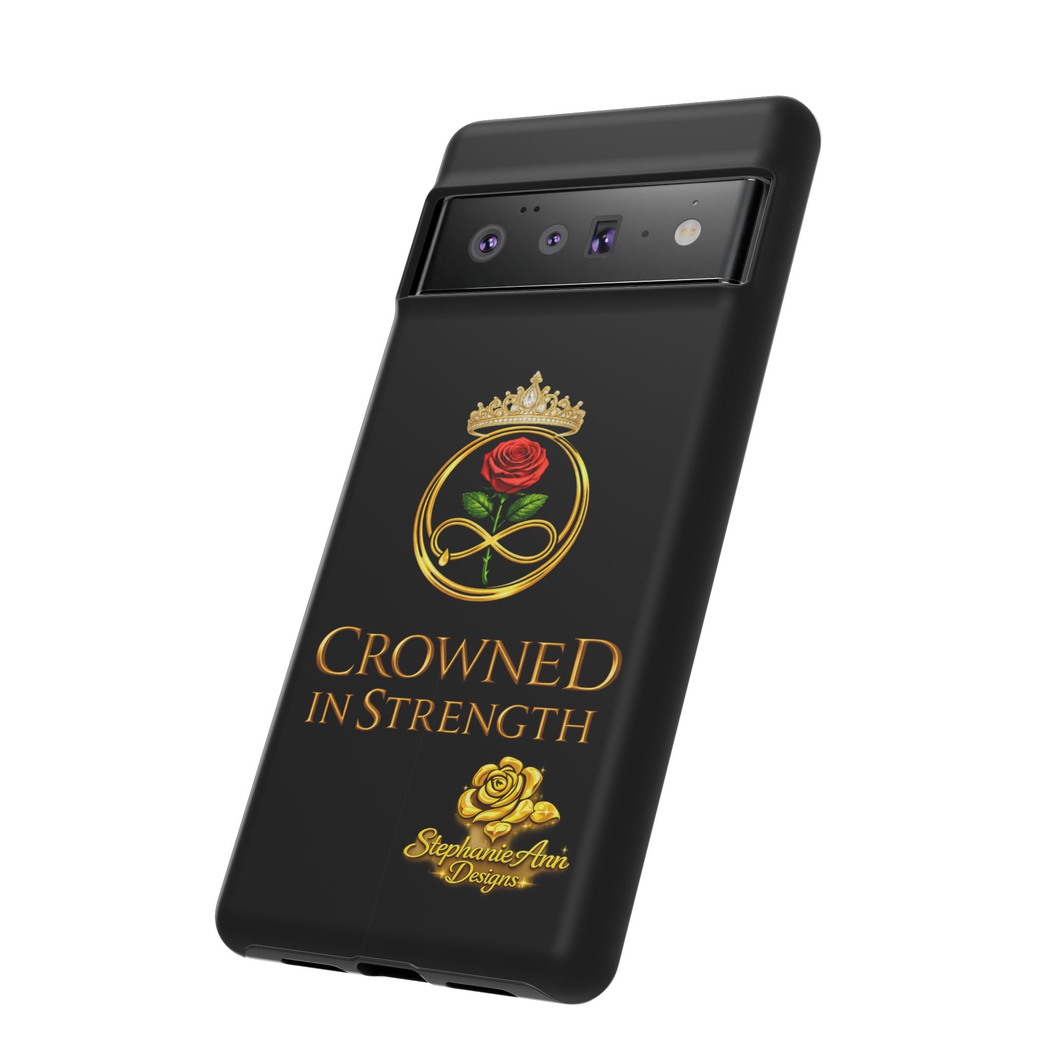 ' A Rose Crowned in Strength Phone Case Rose golden  — Protective Black Case with Rose & Crown Empowerment Design
