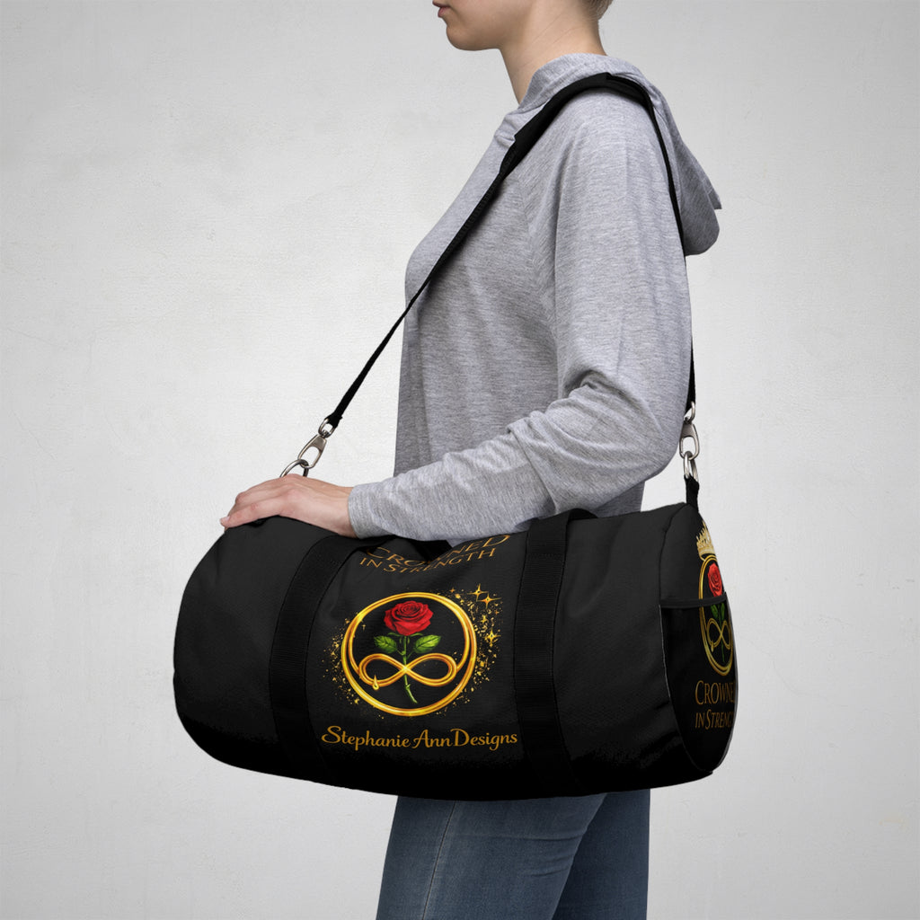 'A Rose Crowned in Strength Golden circle Infinity Of Red Rose Life Duffel Bag — Inspirational Rose & Infinity Travel Gym Bag