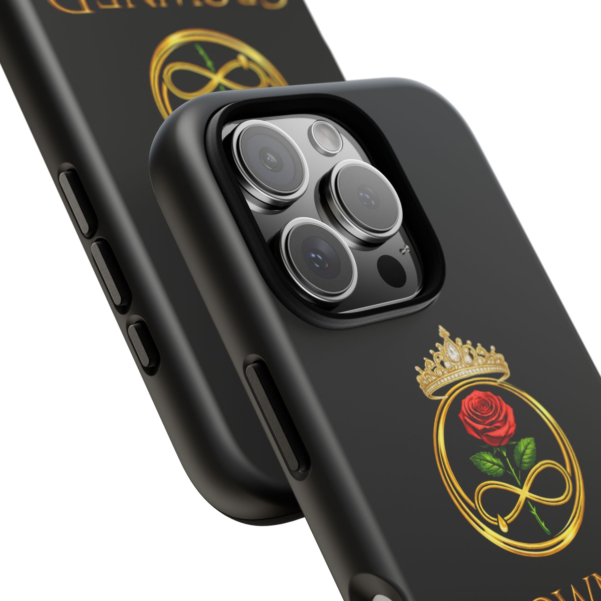 ' A Rose Crowned in Strength Phone Case Rose golden  — Protective Black Case with Rose & Crown Empowerment Design