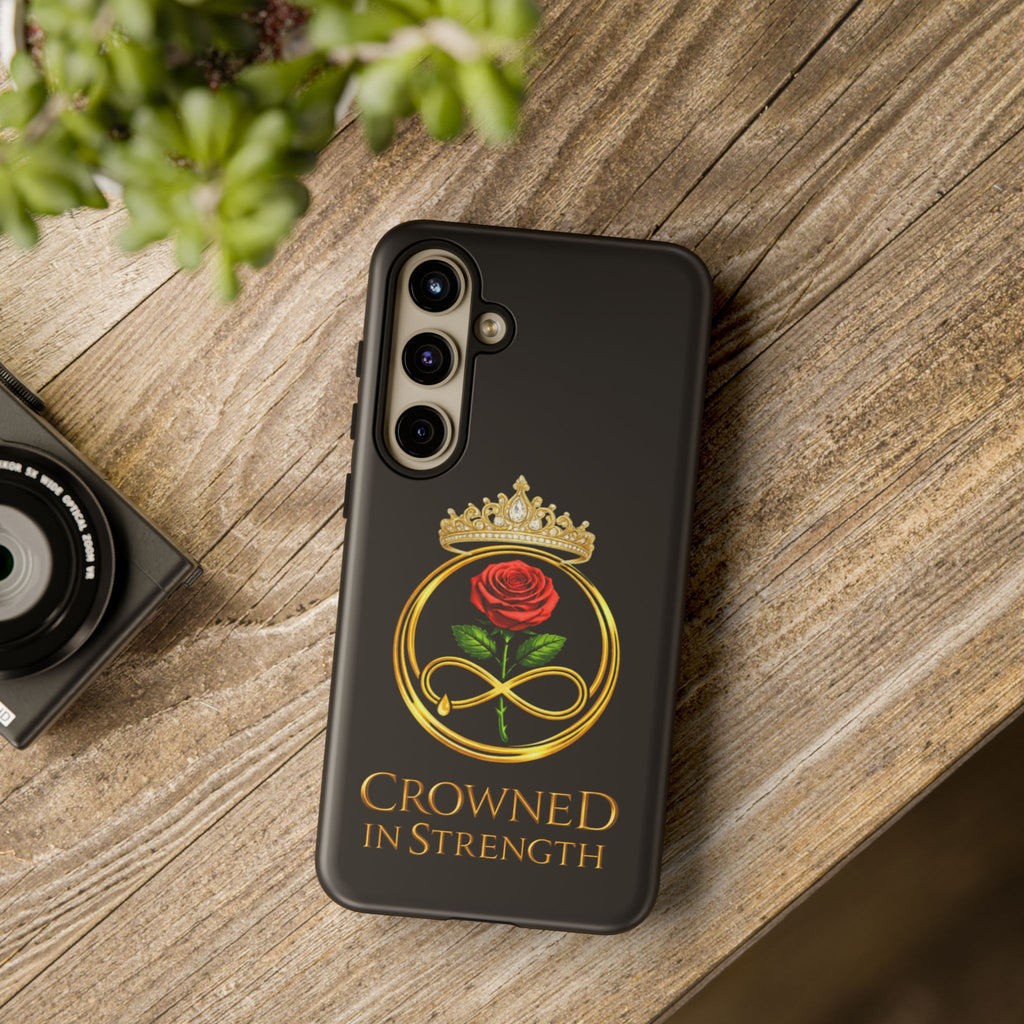 'A Rose Crowned in Strength Phone Case Black Rose Gold infinity