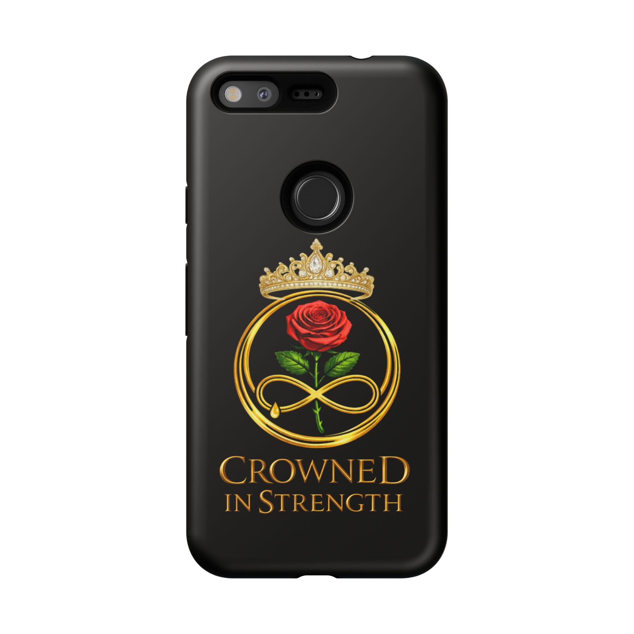 'A Rose Crowned in Strength Phone Case Black Rose Gold infinity