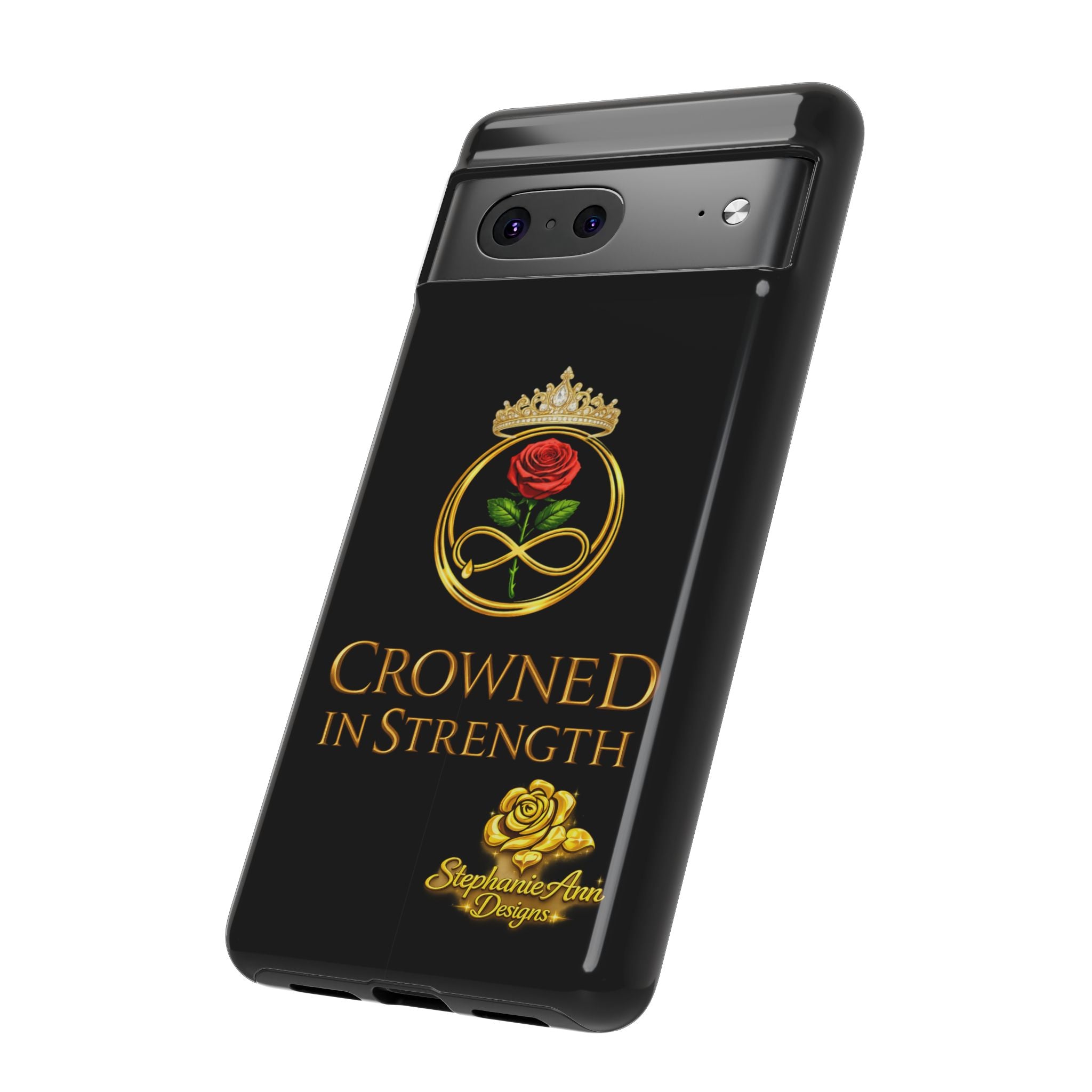 ' A Rose Crowned in Strength Phone Case Rose golden  — Protective Black Case with Rose & Crown Empowerment Design