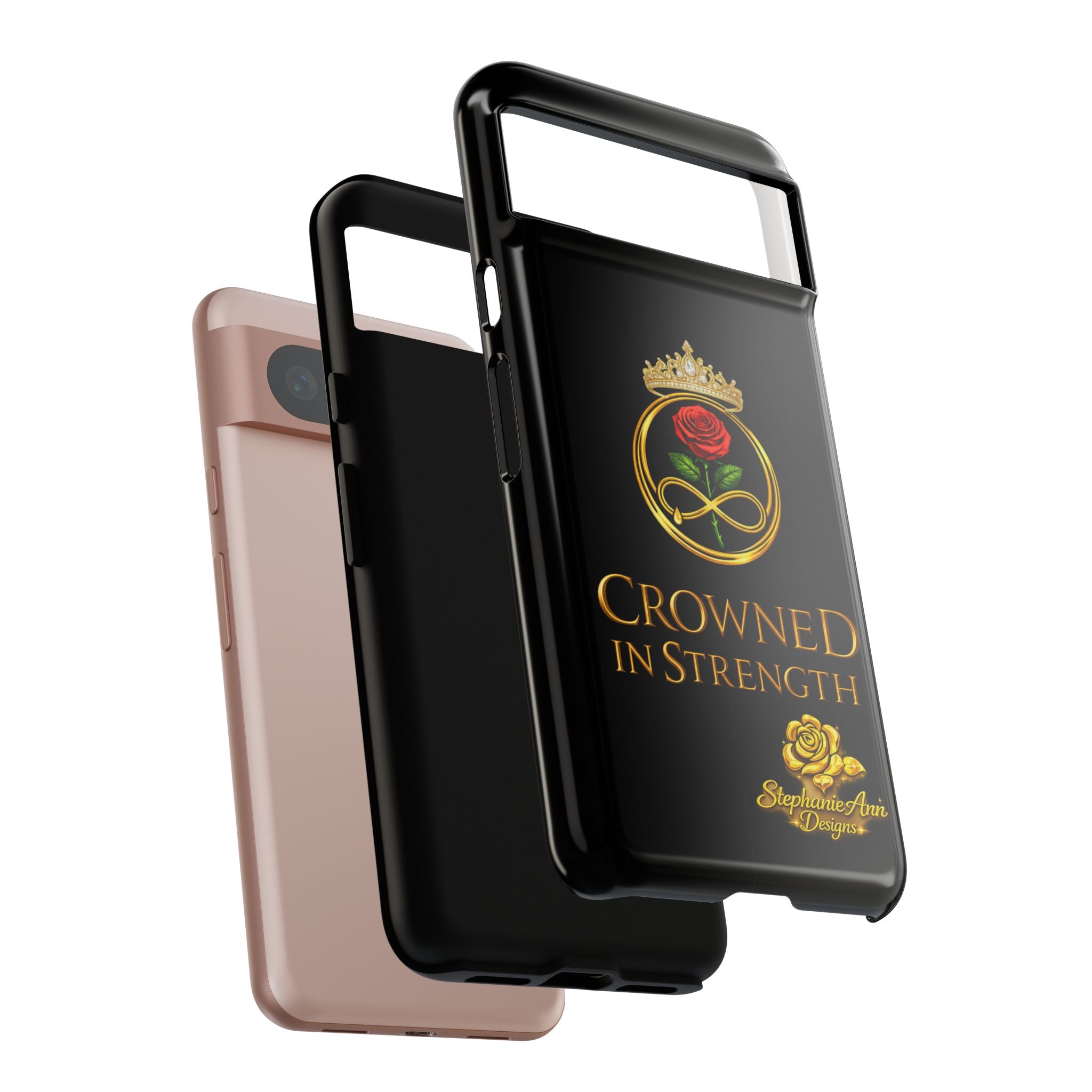 ' A Rose Crowned in Strength Phone Case Rose golden  — Protective Black Case with Rose & Crown Empowerment Design