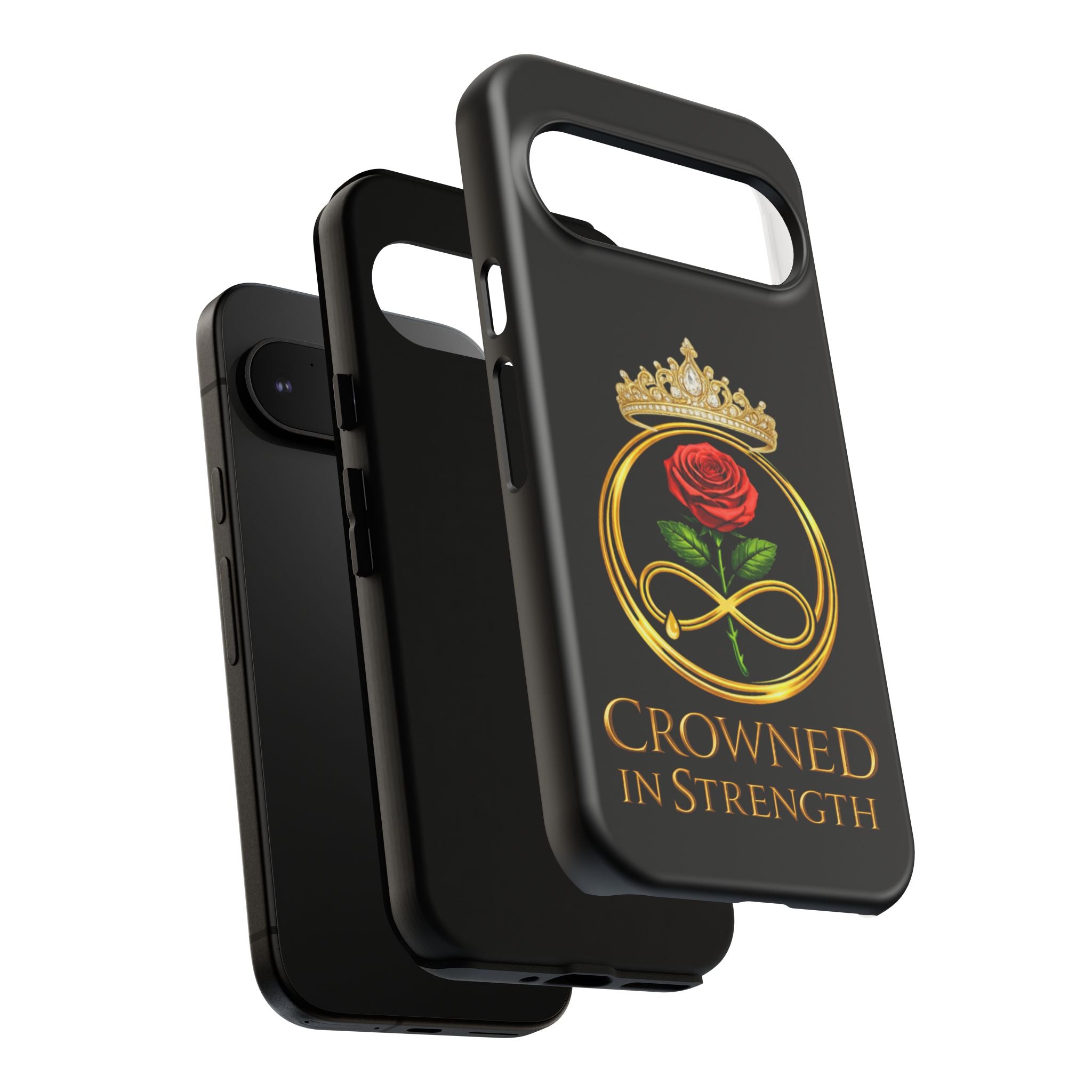 'A Rose Crowned in Strength Phone Case Black Rose Gold infinity